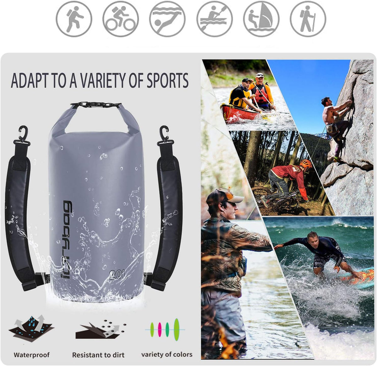 IDRYBAG Dry Bag for Kayaking Waterproof 2L/5L/10L/15L/20L, Small Dry Sack Waterproof Bag for Boating