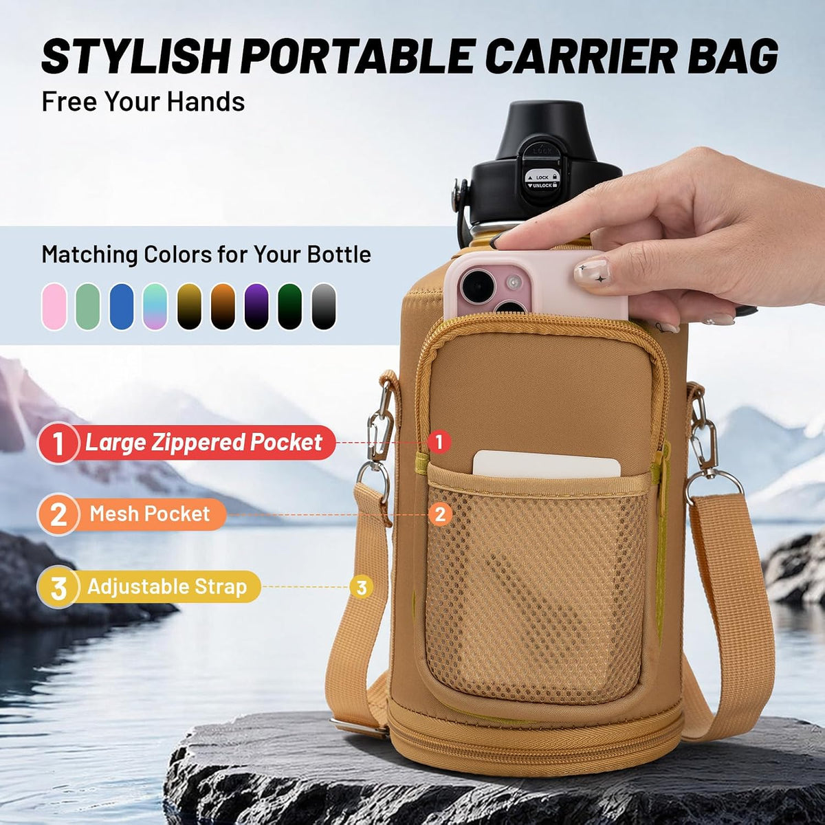 64oz Insulated Water Bottle Leak Proof with Carrier Bag for Sports