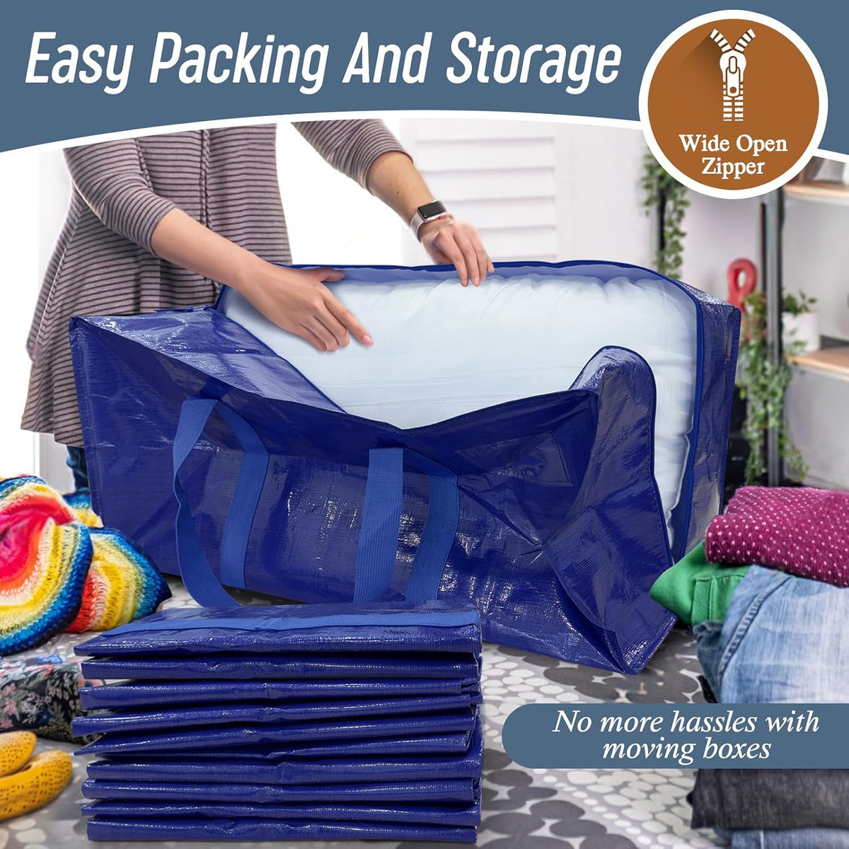 6 Pack Extra Heavy Duty Large Moving Bags with Strong Zipper, Blue