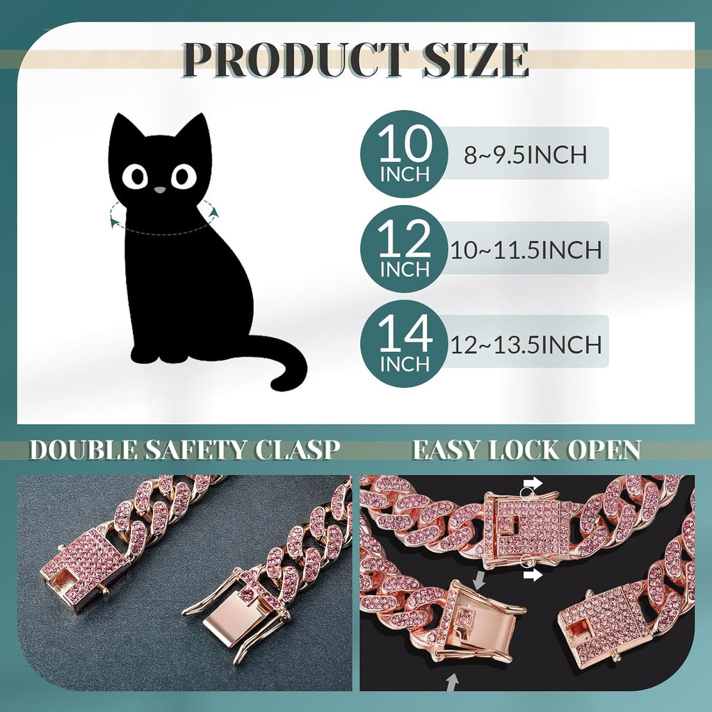 Xuniea 2 Pieces Cat Dog Chain Collar and Sunglasses Set Rhinestone Necklace with Secure Buckle Round Glasses for Doll Cat Dog Pet Accessories(10 Inch,Rose Gold, Pink)