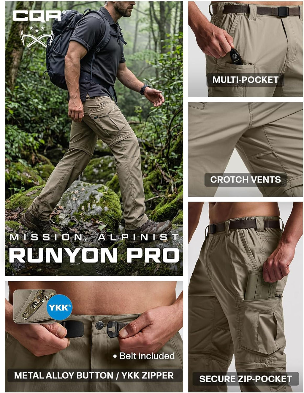 CQR Men's Convertible Cargo Tactical Pants, Water Resistant Outdoor Hiking Pants, Zip Off Lightweight Stretch Work Pants