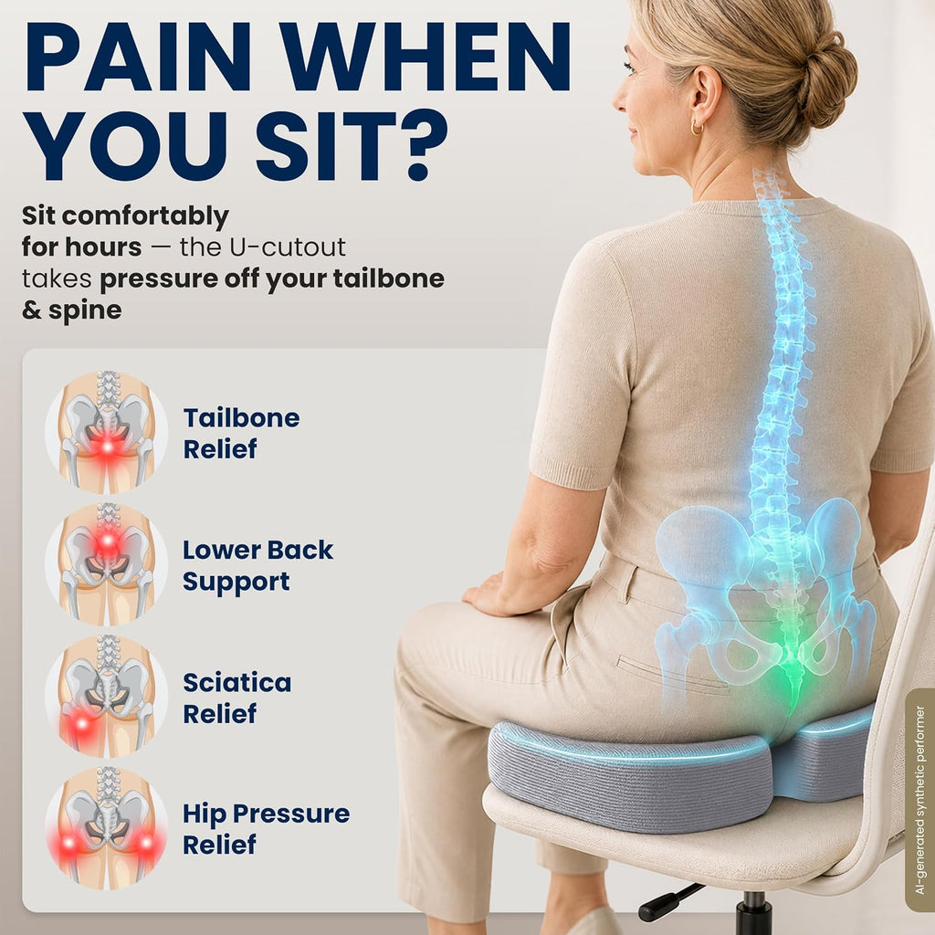 5 STARS UNITED Seat Cushion - Memory Foam Chair Cushion for Tailbone Pain Relief - Ergonomic Support for Coccyx, Sciatica & Butt - Office, Desk & Gaming Chair, Car Seat, Wheelchair, Airplane, L Gray