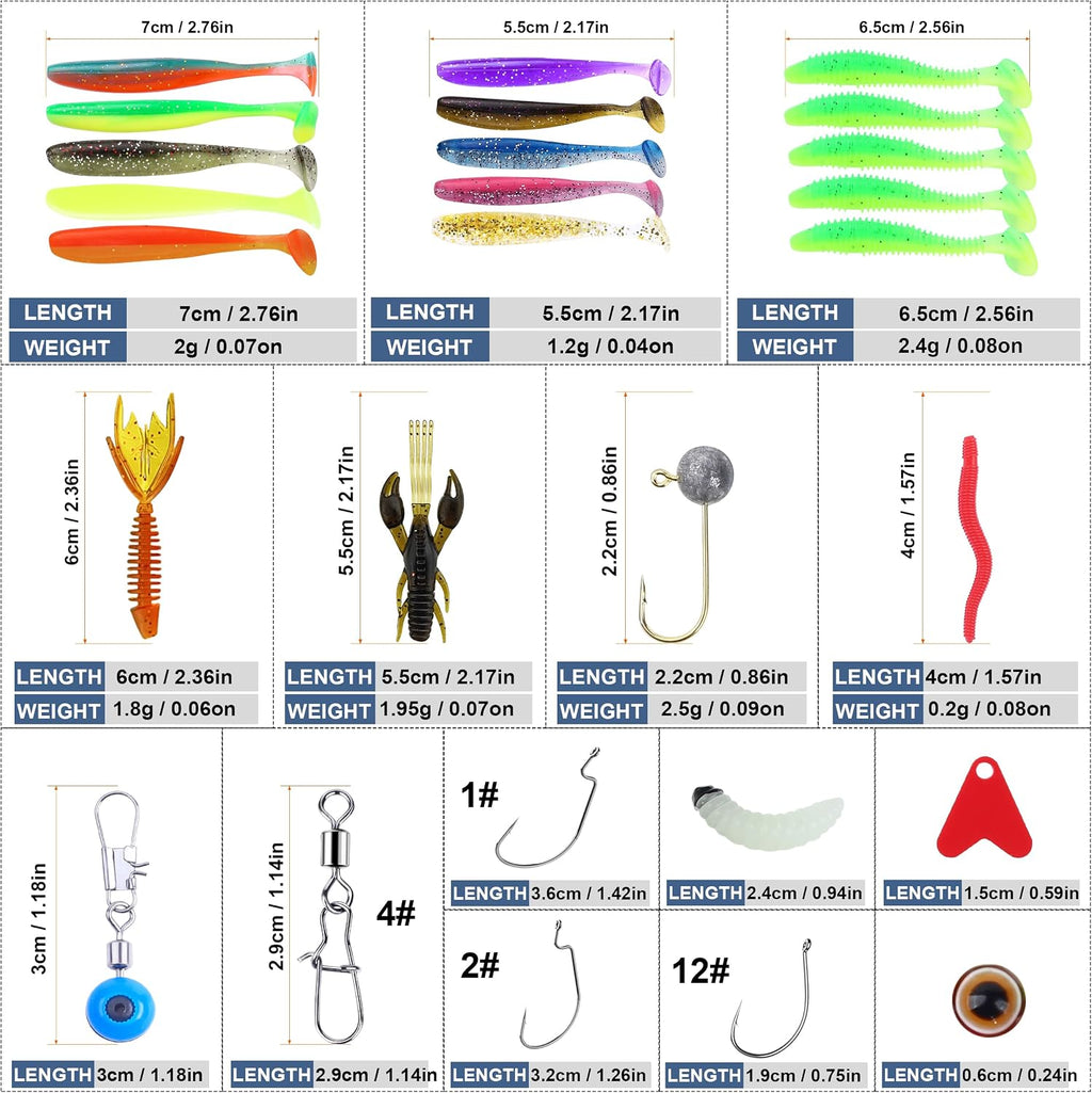 220 Pcs Fishing Lures Equipment Tackle Gear Box for Bass, Fish Kit with Soft Lures,Hooks, Accessories Tools,Frog,Worms,Plastic Bait, Swimbait,Crappie Jigs,Crankbaits, Gifts for Men