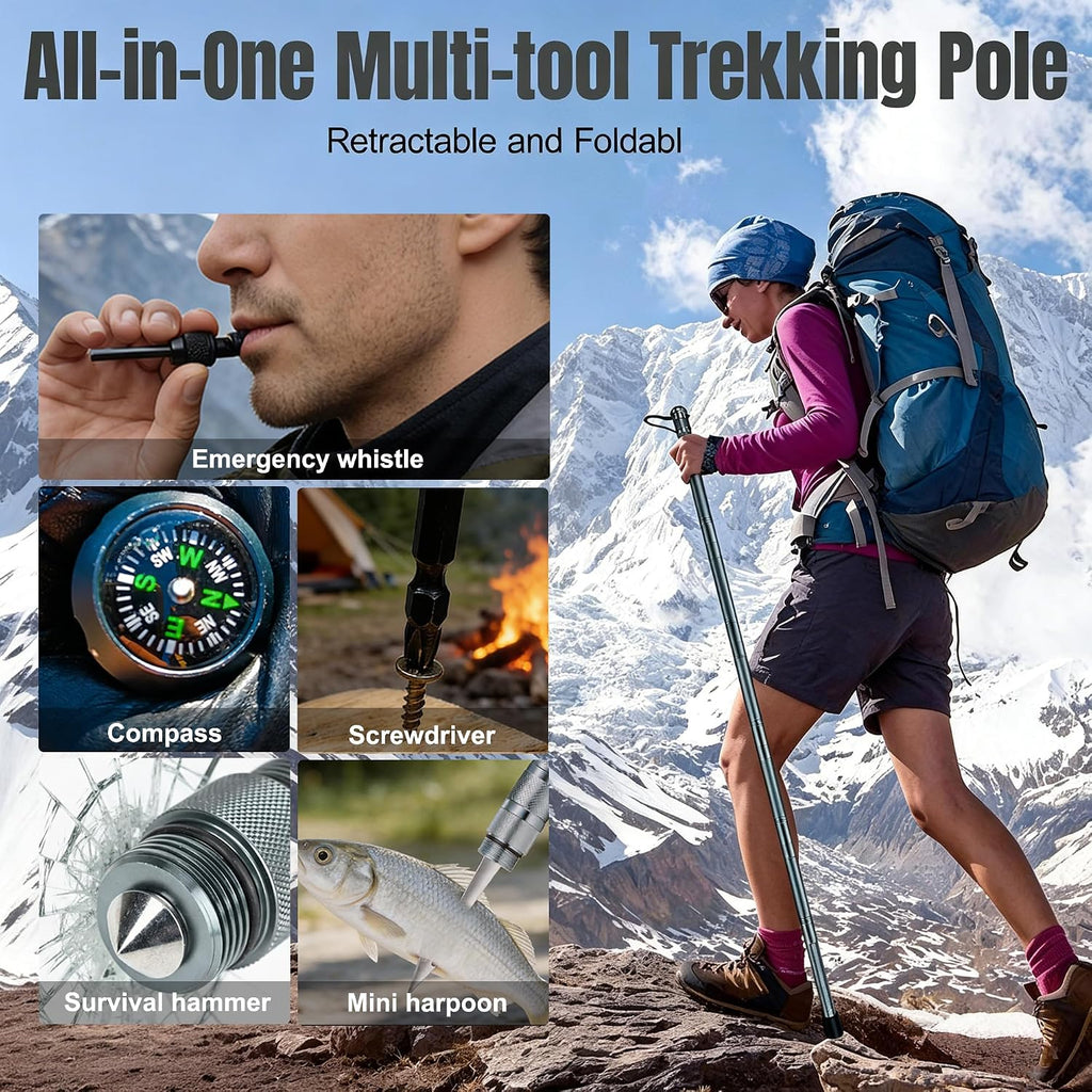 Survival Walking Stick w/Camp Shovel, Heavy-Duty Hiking Staff Camping Kit