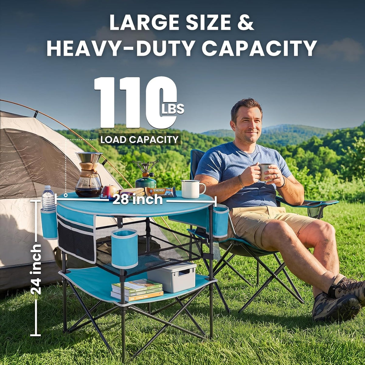 FUNDANGO Folding Beach Table, 3-Tier Removable Mesh Shelf, 4 Cup Holders