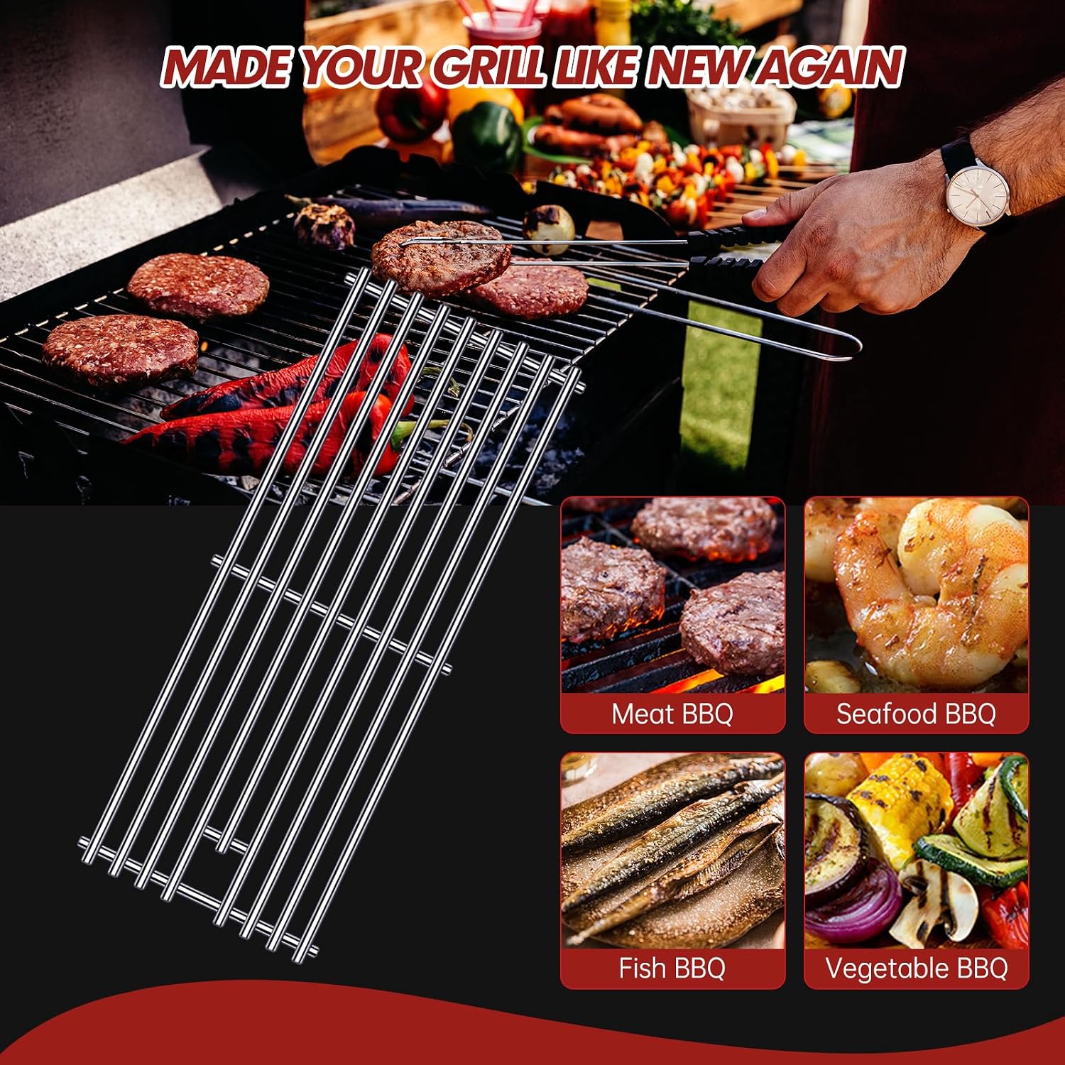 9MM 16517 Grill Grates Replacement for Bull Grill Replacement Parts, BBQ Bull Brahma 5 Burner 57568, 57569, 57568CE, 19” Lion Premium 40” 4 Burner L90000, 90000, 65073 Stainless Steel Grids
