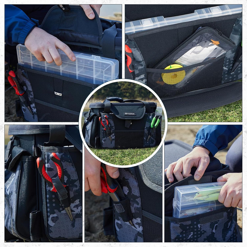 X-Strike Fishing Tackle Bag, Fishing Box Bag with 7 3700 Tackle Boxes Extra Large Fishing Gear Storage Bag Water-Resistant Tackle Bags Padded Shoulder Strap for Saltwater Icefishing Freshwater Camping