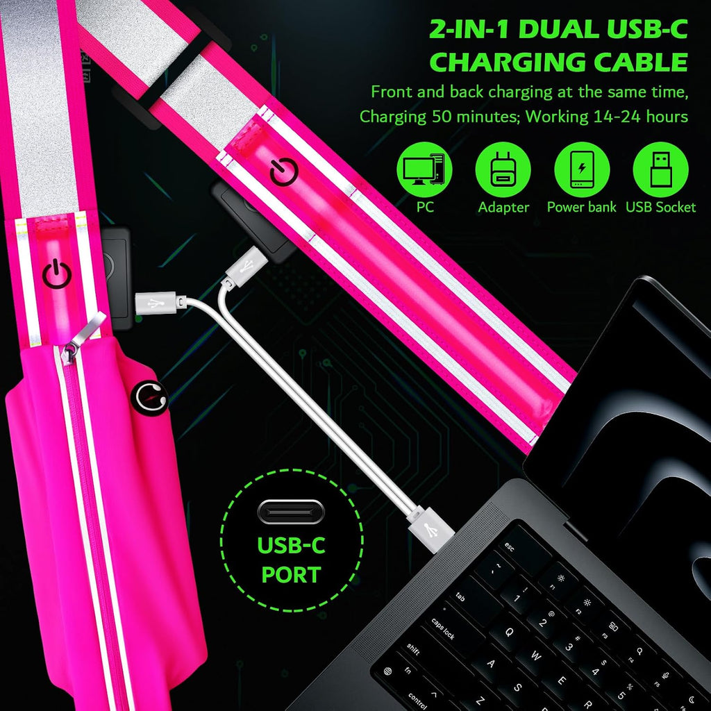 Ylzzrs Reflective Sash Gear for Walking at Night,LED Reflective Belt Safety Lights,Lights for Night Dog Walking,High Visibility Type-C Rechargeable with Phone Holder for Men Women