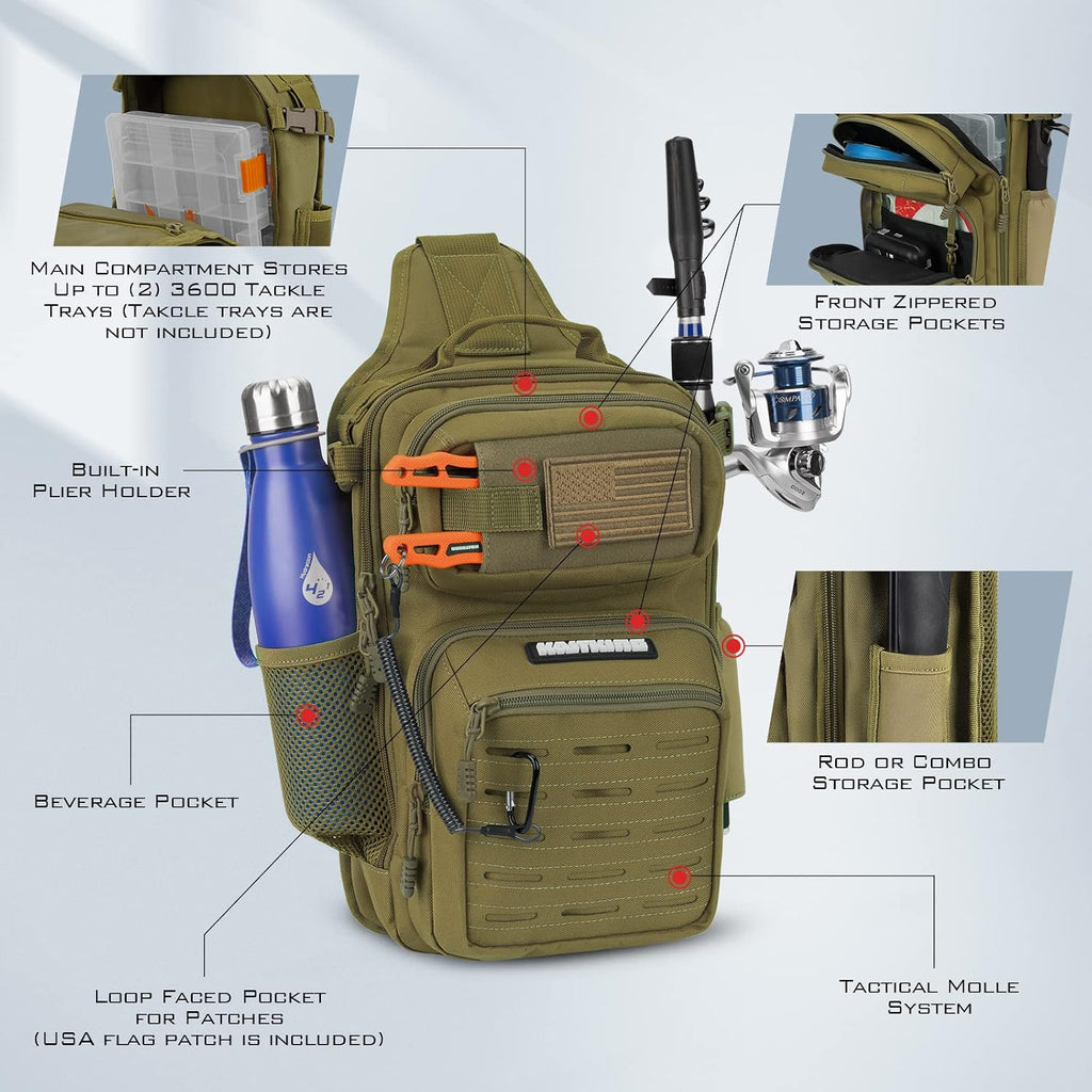KastKing Blowbak Fishing Sling Bag, Fishing Backpack with Rod Holder