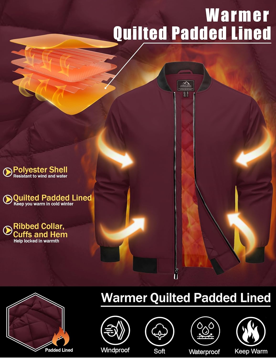 Cotrasen Men's Bomber Jacket Fall Winter Windbreaker Warm Quilted Coats