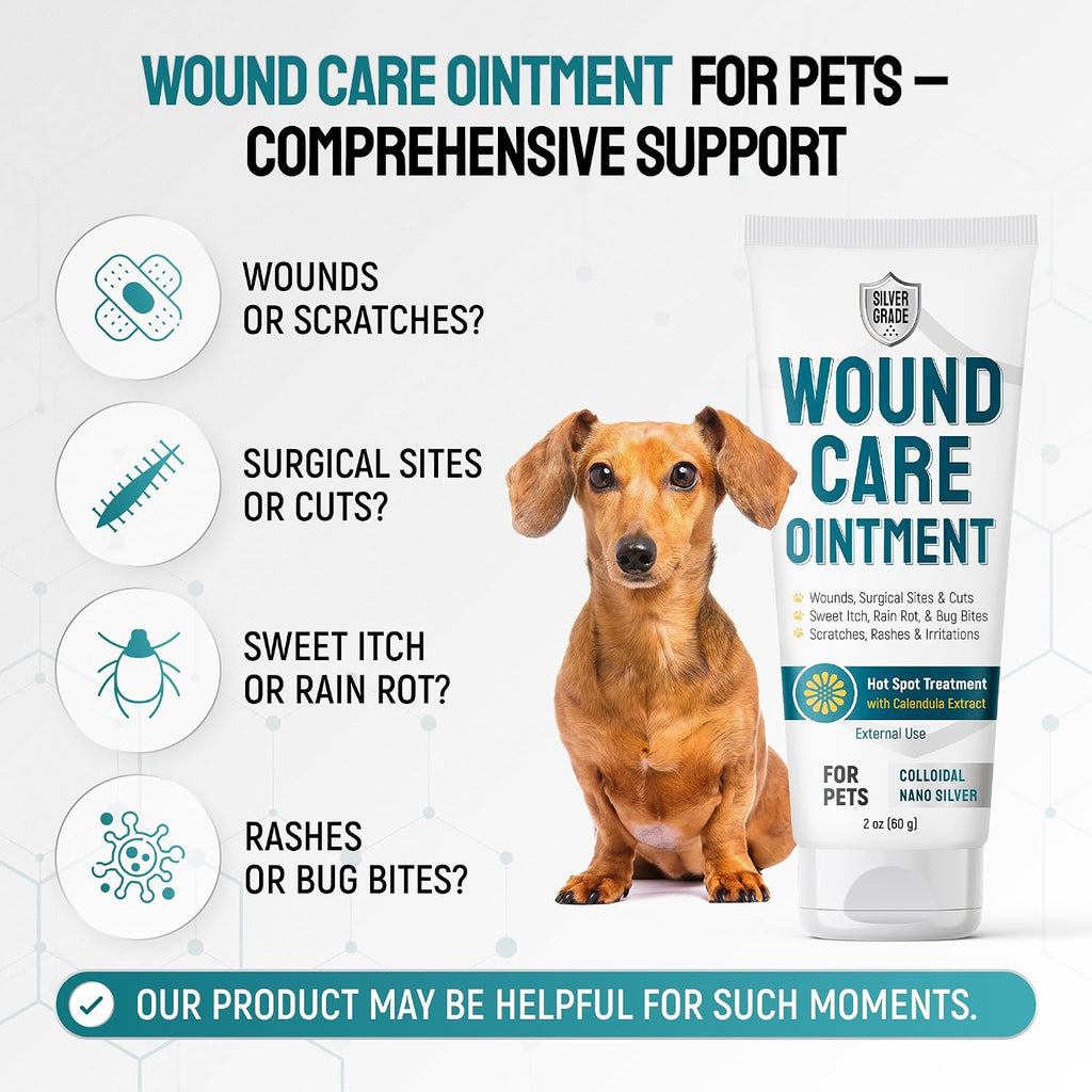 SILVER GRADE Dog Wound Care Ointment with Silver & Calendula for Scratches, Irritations, Bites – Feline & Canine Hot Spots Treatment in a Gel Form – Wound Antibiotic Ointment for Dogs & Cats – 2 Oz