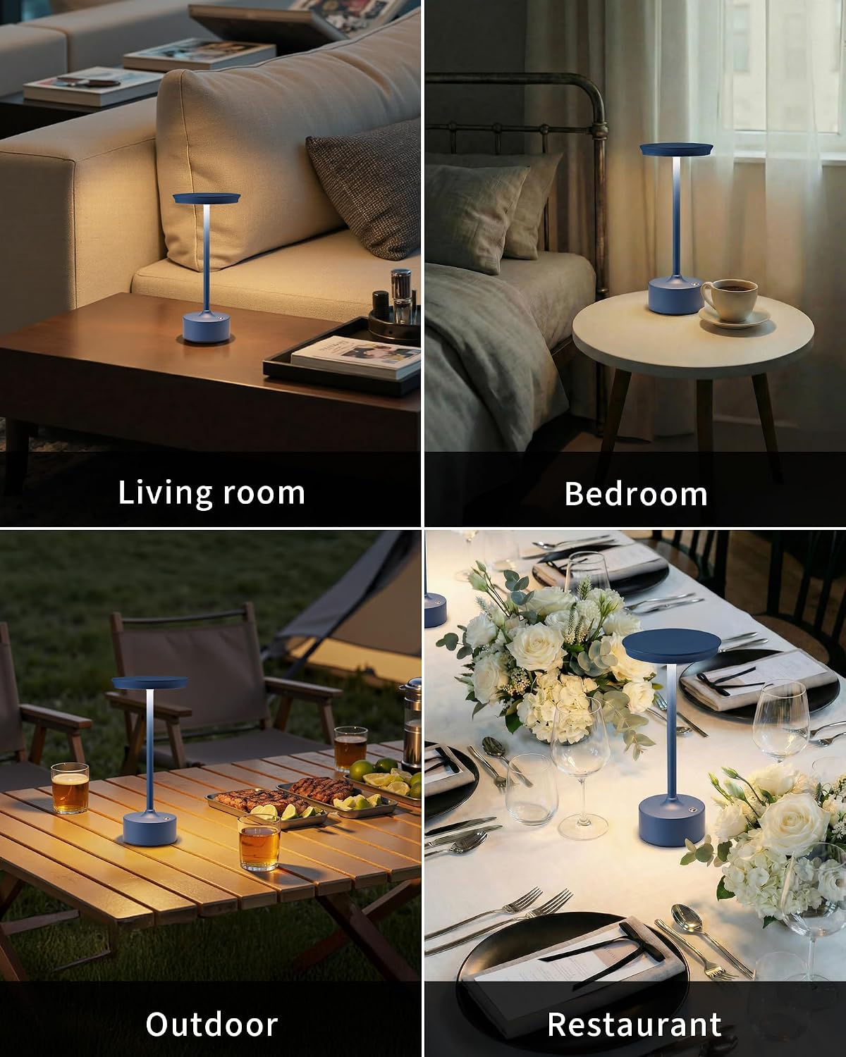 PUSU Rechargeable Table Lamps Set of 2, Blue Cordless Portable Desk Lamp