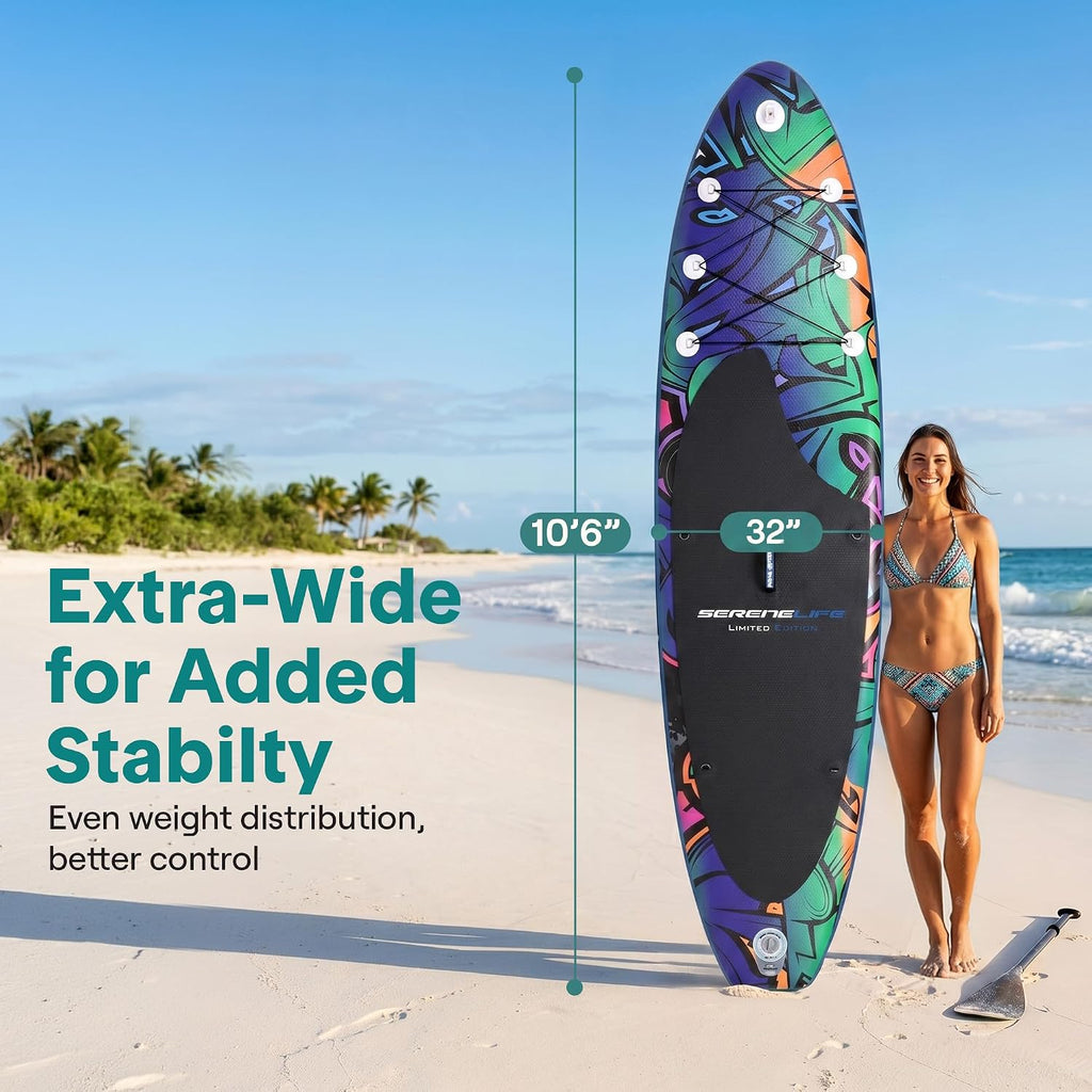 SereneLife 10’6” Inflatable Stand Up Paddle Board with Premium SUP Accessories - 32” Wide Stable Design with Non-Slip EVA Deck Pad, for Youth and Adults, 350 lbs. Capacity