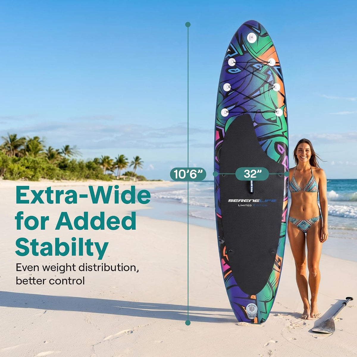 SereneLife 10’6” Inflatable Stand Up Paddle Board with Premium SUP Accessories - 32” Wide Stable Design with Non-Slip EVA Deck Pad, for Youth and Adults, 350 lbs. Capacity