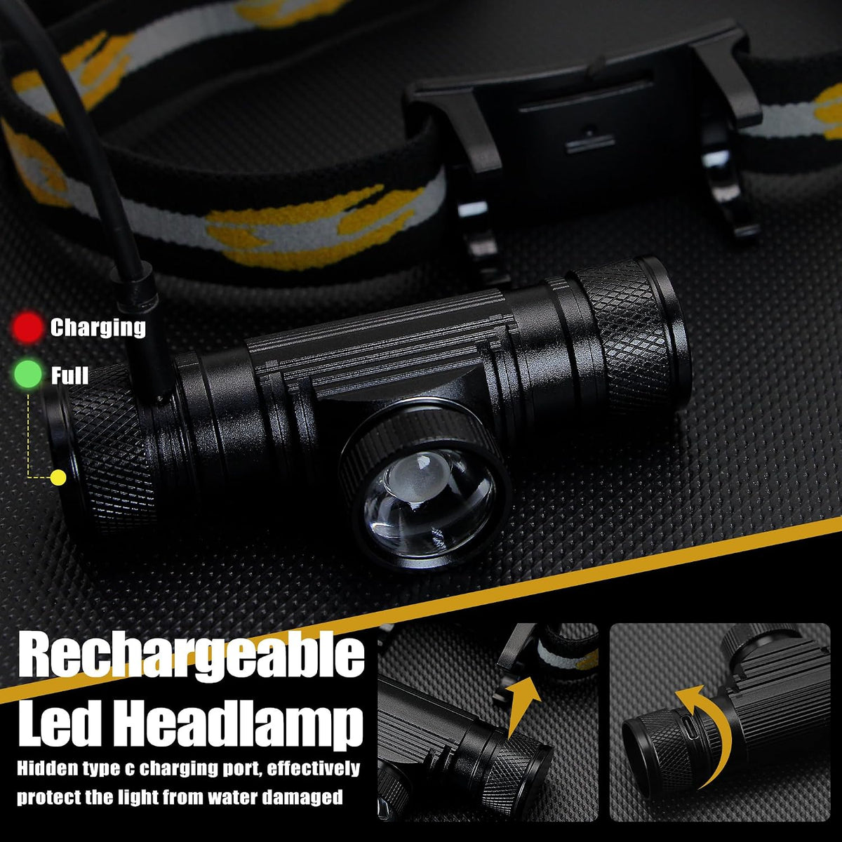 Headlamp Rechargeable, 1200 Lumen Zoomable LED Head Lamp for Adults, IP66 Waterproof Rechargeable Headlight with 9 Modes, Super Bright Head Flashlight with 2600 mAh for Outdoor Camping Hiking Running
