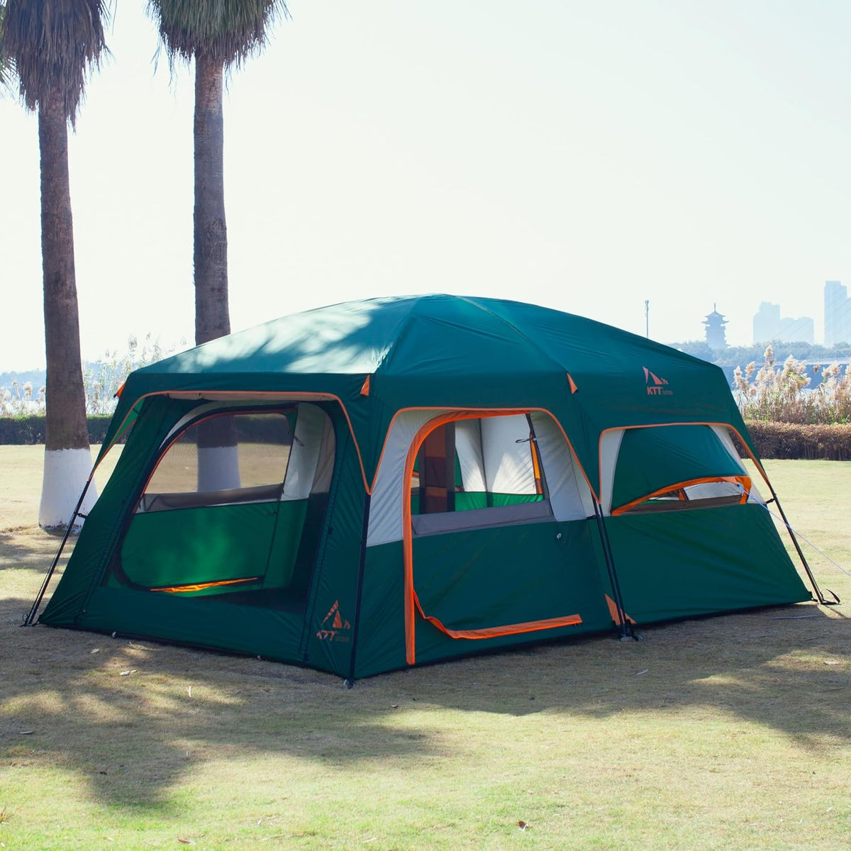 KTT Extra Large Tent 10-12 Person,Family Cabin Tents,2 Rooms,3 Doors and 3 Windows with Mesh,Straight Wall,Waterproof,Double Layer,Big Tent for Outdoor,Picnic,Camping,Family Gathering
