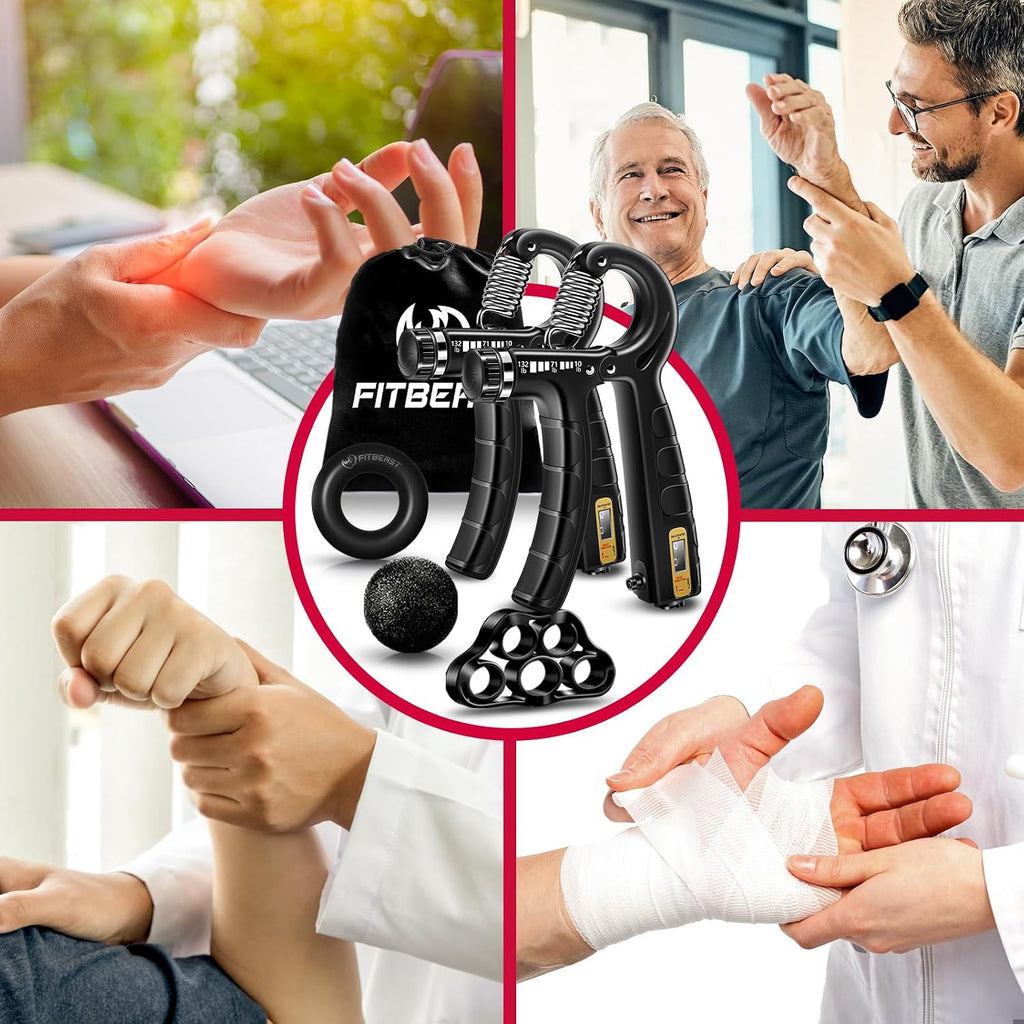 FitBeast Hand Grip Strengthener Workout Kit (5 Pack), 2 Forearm Grip Adjustable Resistance Hand Gripper, Finger Stretcher, Grip Ring & Stress Relief Grip Ball for Athletes