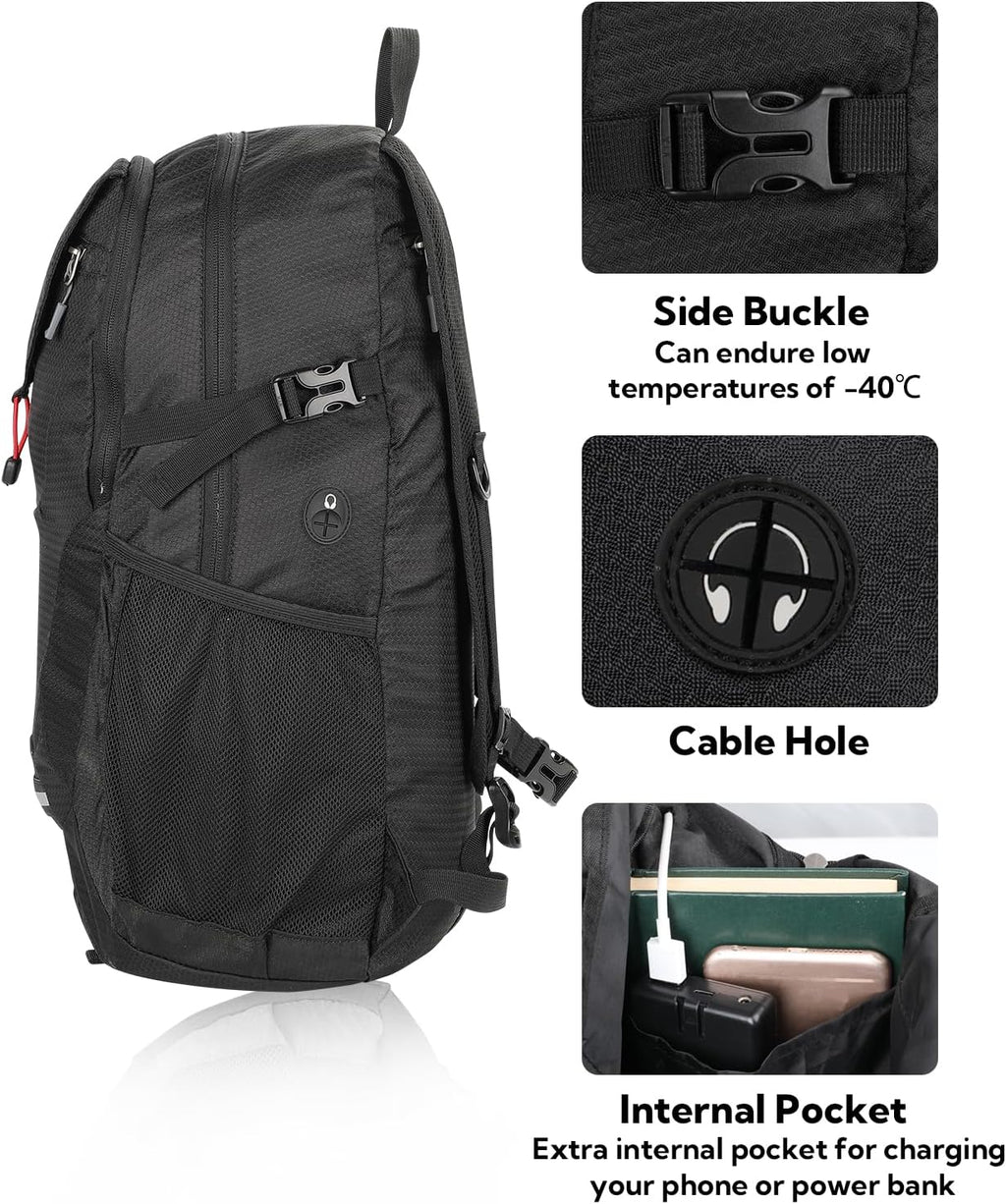 WATERFLY Lightweight Packable Hiking Backpack, 30L Day Pack Black