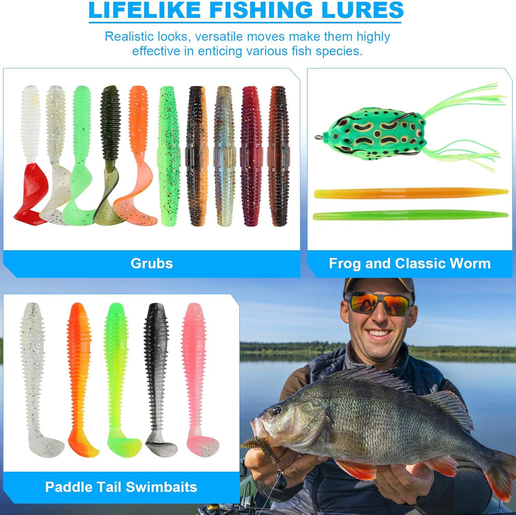 TCMBY 3 Layers Tackle Box with Tackle Included, 321Pcs Fishing Lures Kit Contains Pliers, Crankbait, Hooks, Weights & Accessories, Fishing Gear Bait Lure Gifts for Men Bass Freshwater (White Black)