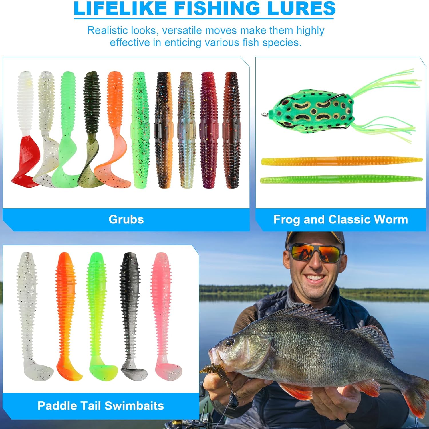 TCMBY 3 Layers Tackle Box with Tackle Included, 321Pcs Fishing Lures Kit Contains Pliers, Crankbait, Hooks, Weights & Accessories, Fishing Gear Bait Lure Gifts for Men Bass Freshwater (White Black)