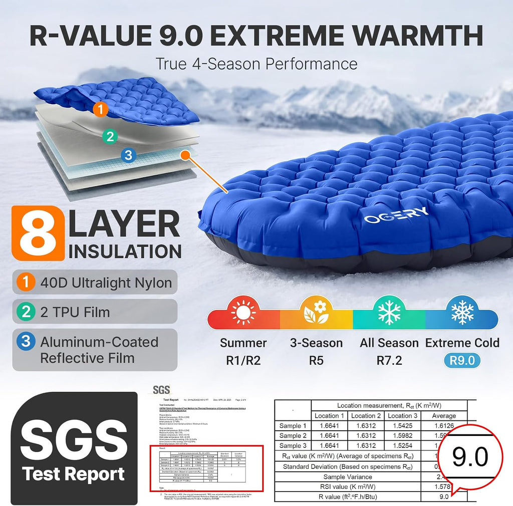 OGERY Sleeping Pad for Camping, R-Value 9.0 Insulated Sleeping Pad