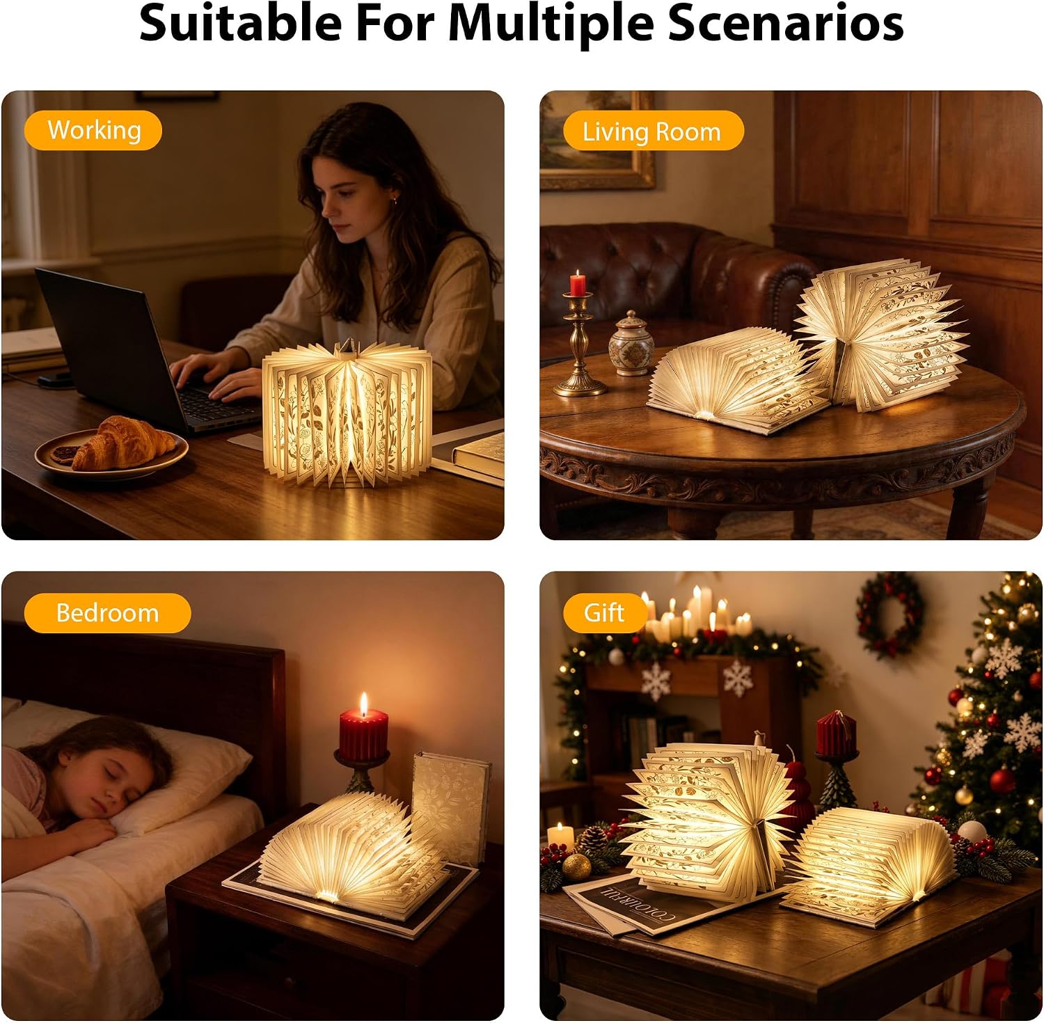 Book Lover Gift, Folding Book Lamp Decor, Portable Print Book Light