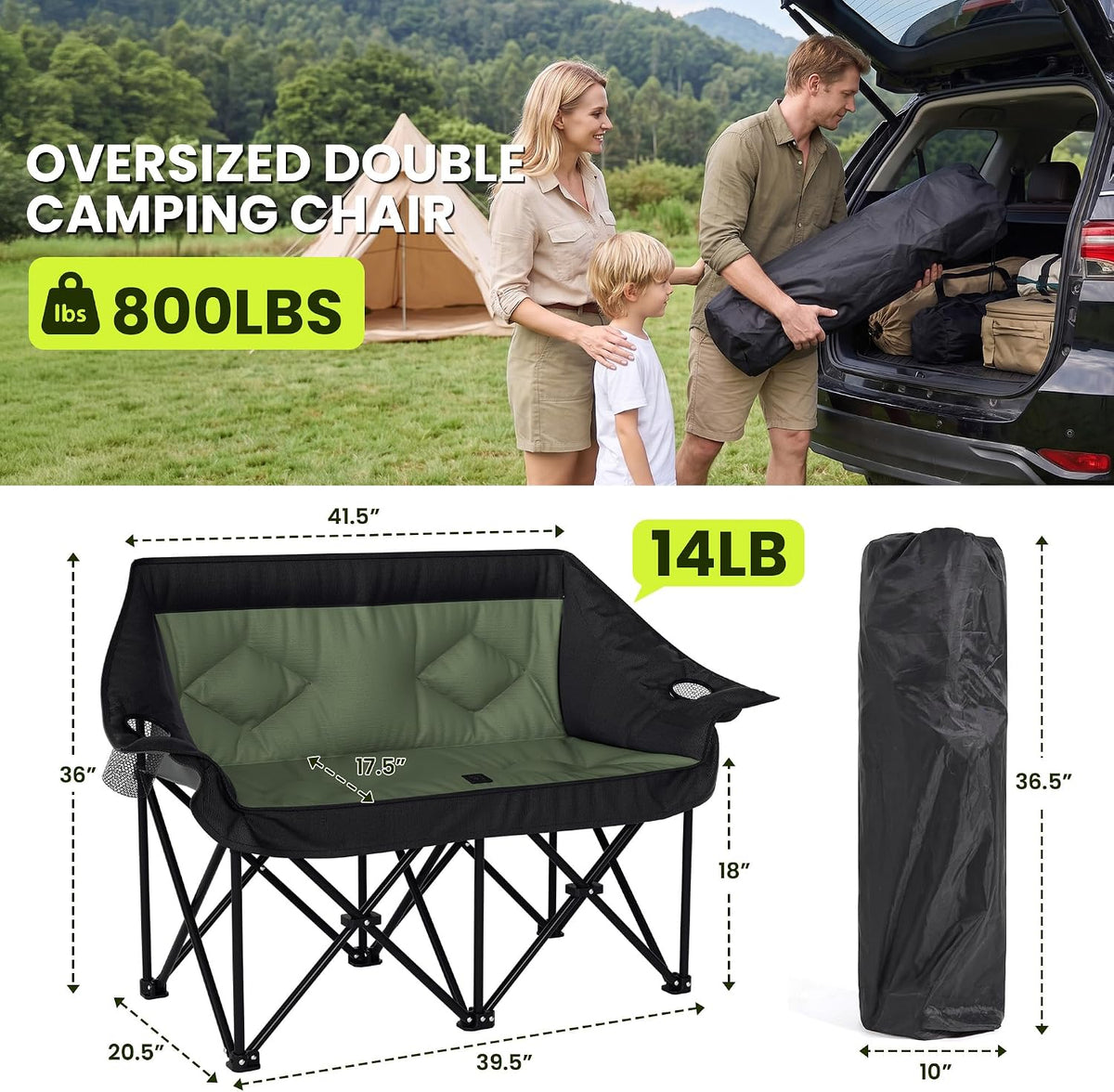 Oversized Double Camping Chairs 2 Person Folding Loveseat(Green)