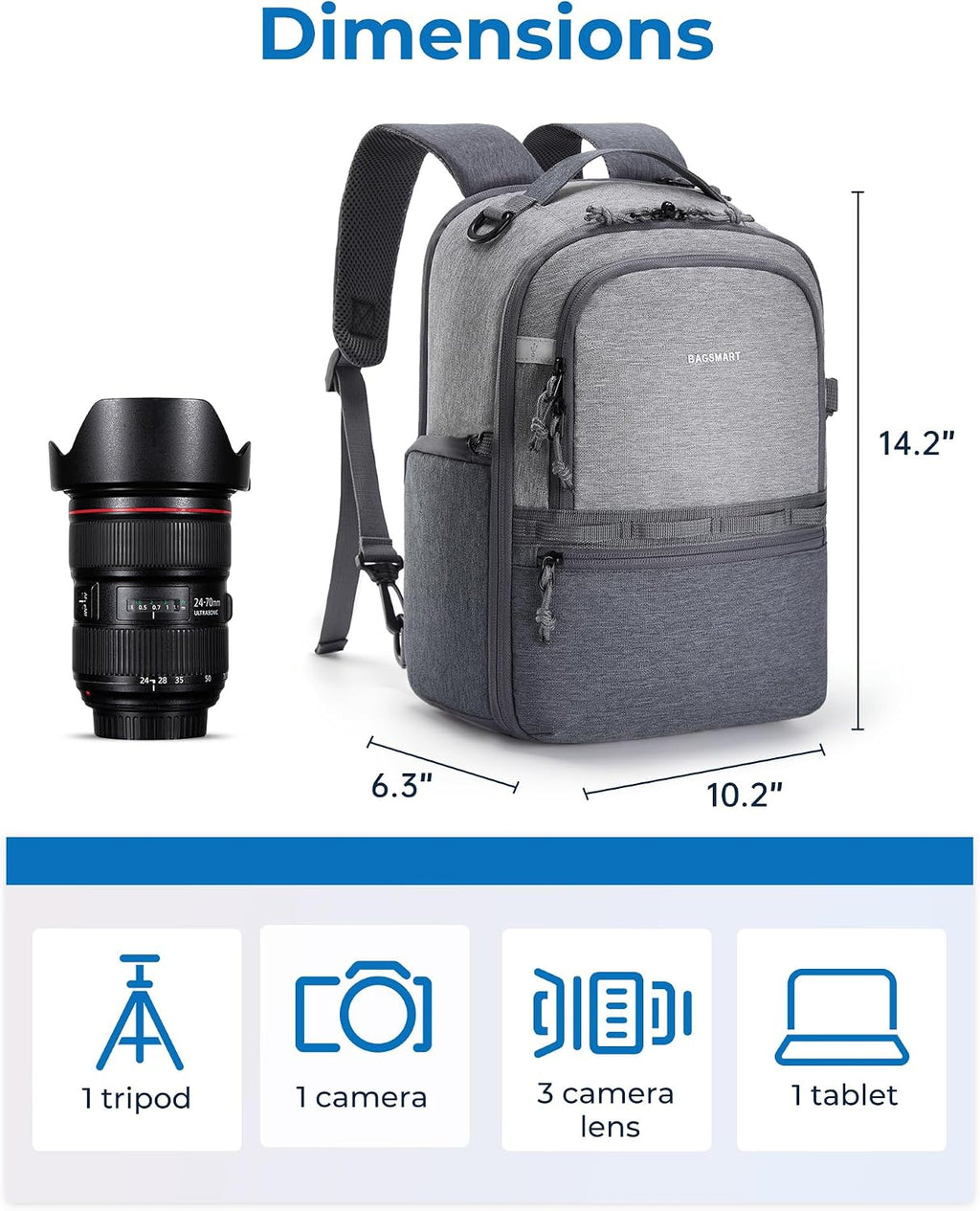 BAGSMART 2 in 1 Small Camera Backpack for DSLR, Fits 12.9" iPad, Gray