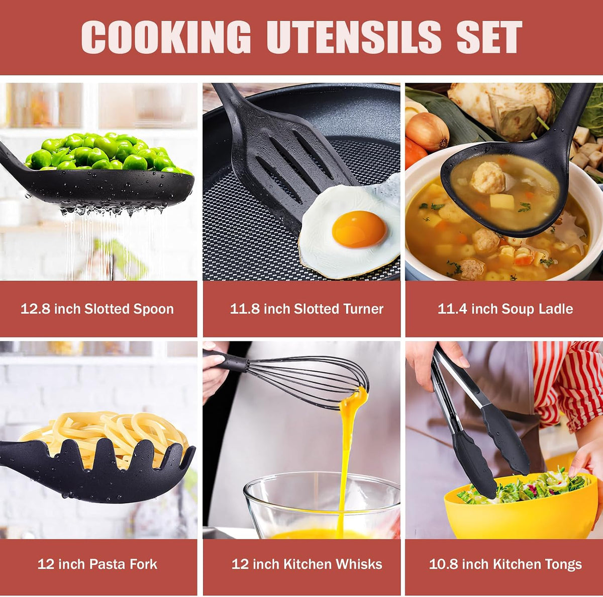 RAXCO Kitchen Utensils Set,18-Piece Cooking Utensils and Knife Set,Black