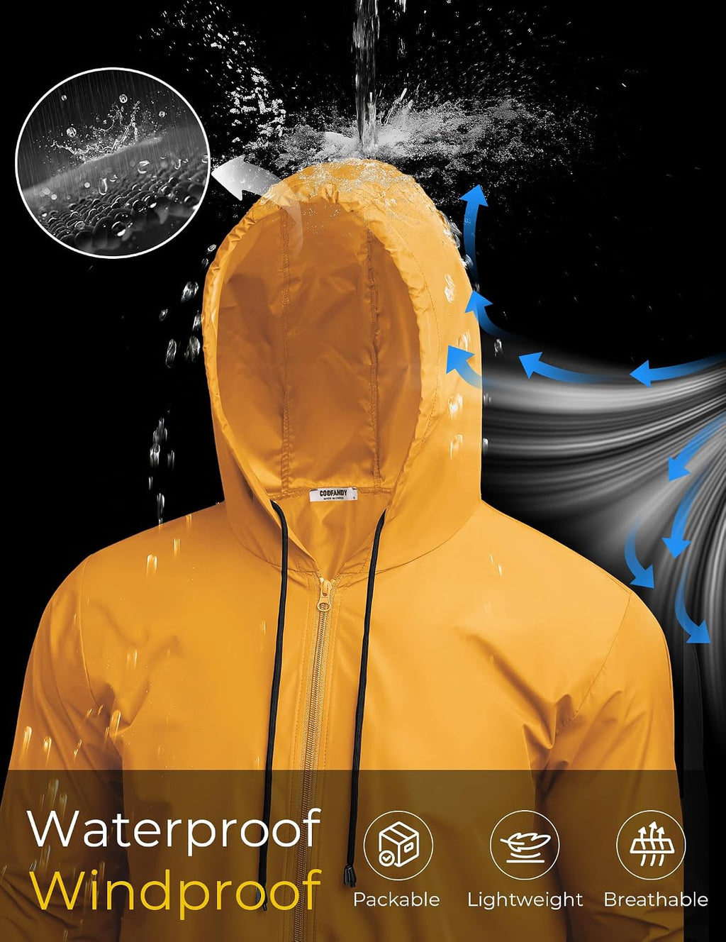 COOFANDY Mens Packable Rain Jacket Lightweight Waterproof Raincoat with Hood Outdoor Rain Gear Travel Hiking Cycling