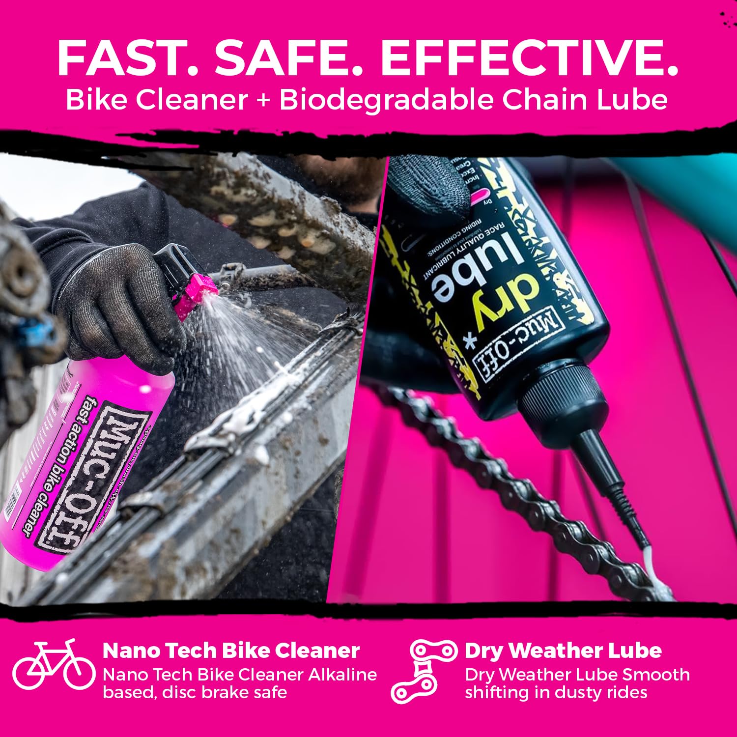 Muc-Off Nano Tech Bike Cleaner 1 Liter & Bio Dry Chain Lube 120ml Bundle with Microfiber Towel | Ultimate Bike Cleaning & Lubrication Kit | Safe on All Surfaces | Wax-Based Lube for Dry Conditions