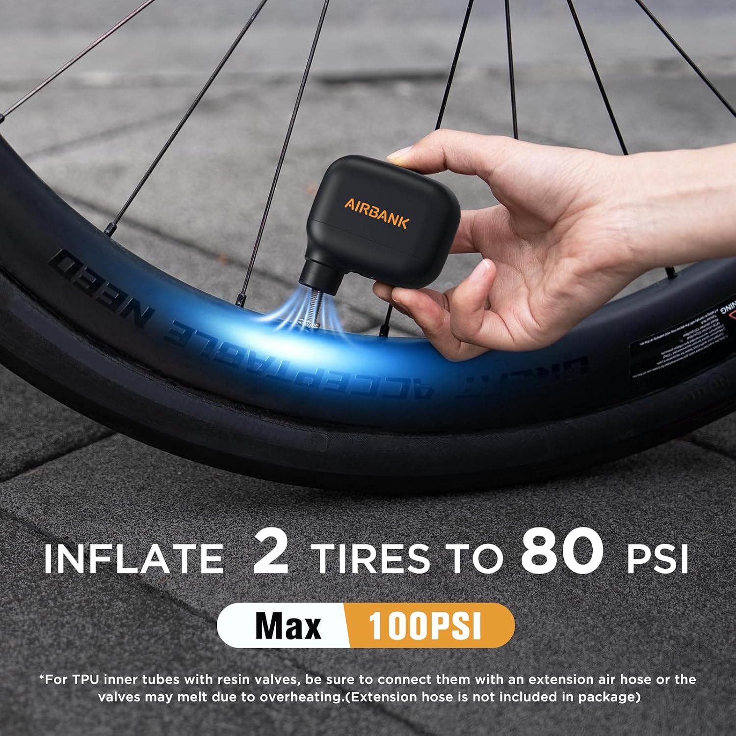 AIRBANK Mini Bike Pump POCKET SE, 100 PSI Electric Bicycle Air Pump for Road Bikes, Portable Bicycle Pump, Bicycle Tire Inflator for Schrader and Presta Valve with Rechargeable Battery