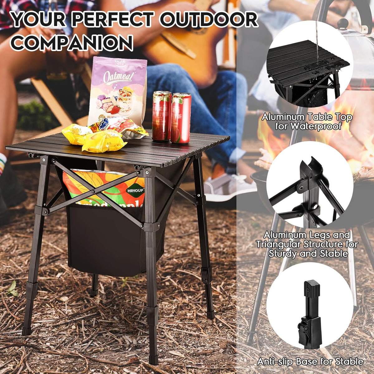 Aluminum Folding Camping Side Table with Carry Bag and Storage,Black