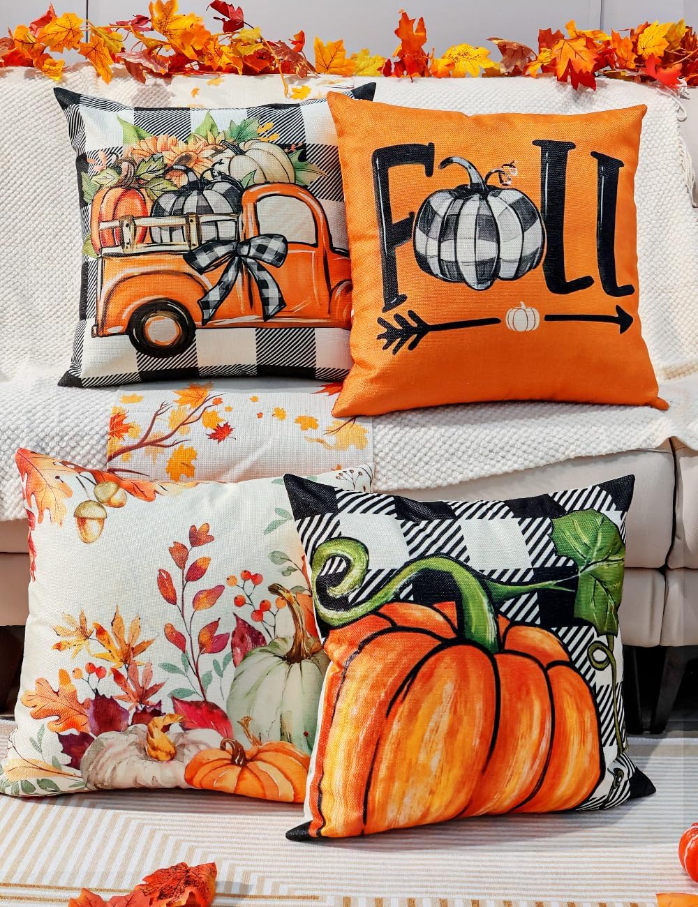 TOYPOPOR Fall Decorations Pillow Covers Double-Side Printing 18'' x 18'' Set of 4, Pumpkins Thankful Blessed Buffalo Plaid Fallen Leaves Thanksgiving Throw Cushion Cases for Outdoor Indoor Home Decor