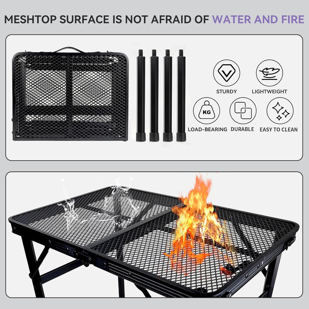 BRIAN & DANY Camping Table Folding Grill Table, Small Foldable Table Height Adjustable, Portable Metal Picnic Table for Outdoor, Black, 2x1.3FT