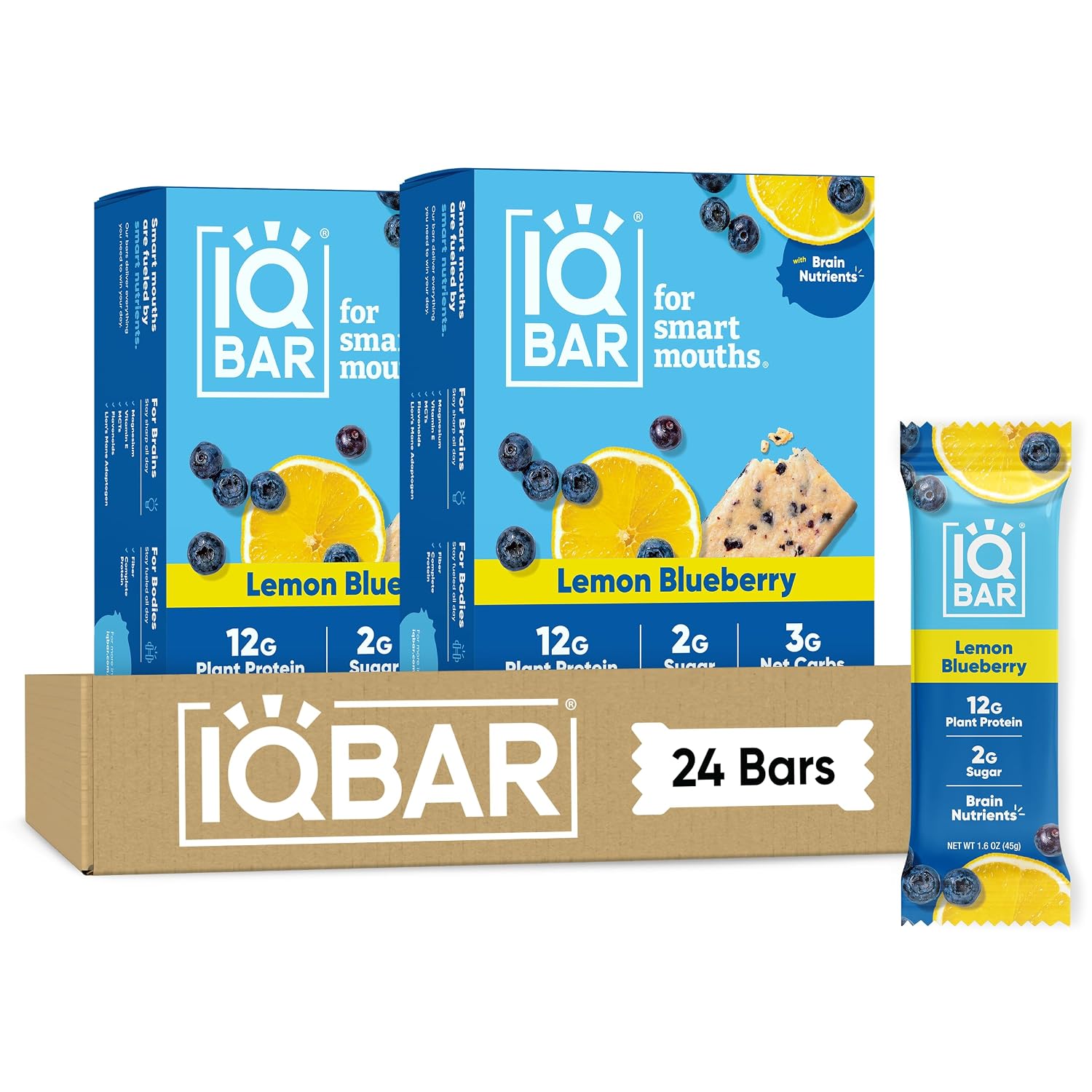 IQBAR Clean Protein Bars, Low Sugar Keto, Lemon Blueberry 24-Count