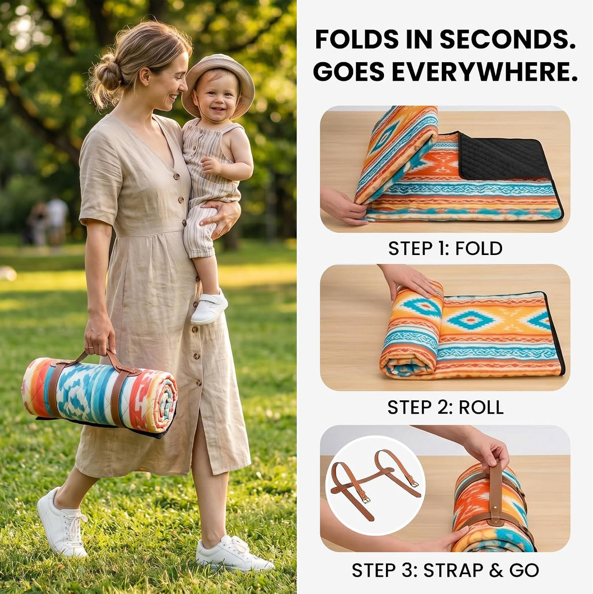 Picnic Blanket Waterproof 80”x80” Extra Large Beach Blanket for 6-8 People, Foldable Outdoor Blanket with Boho Southwestern Design for Camping, Travel, Park & Lawn