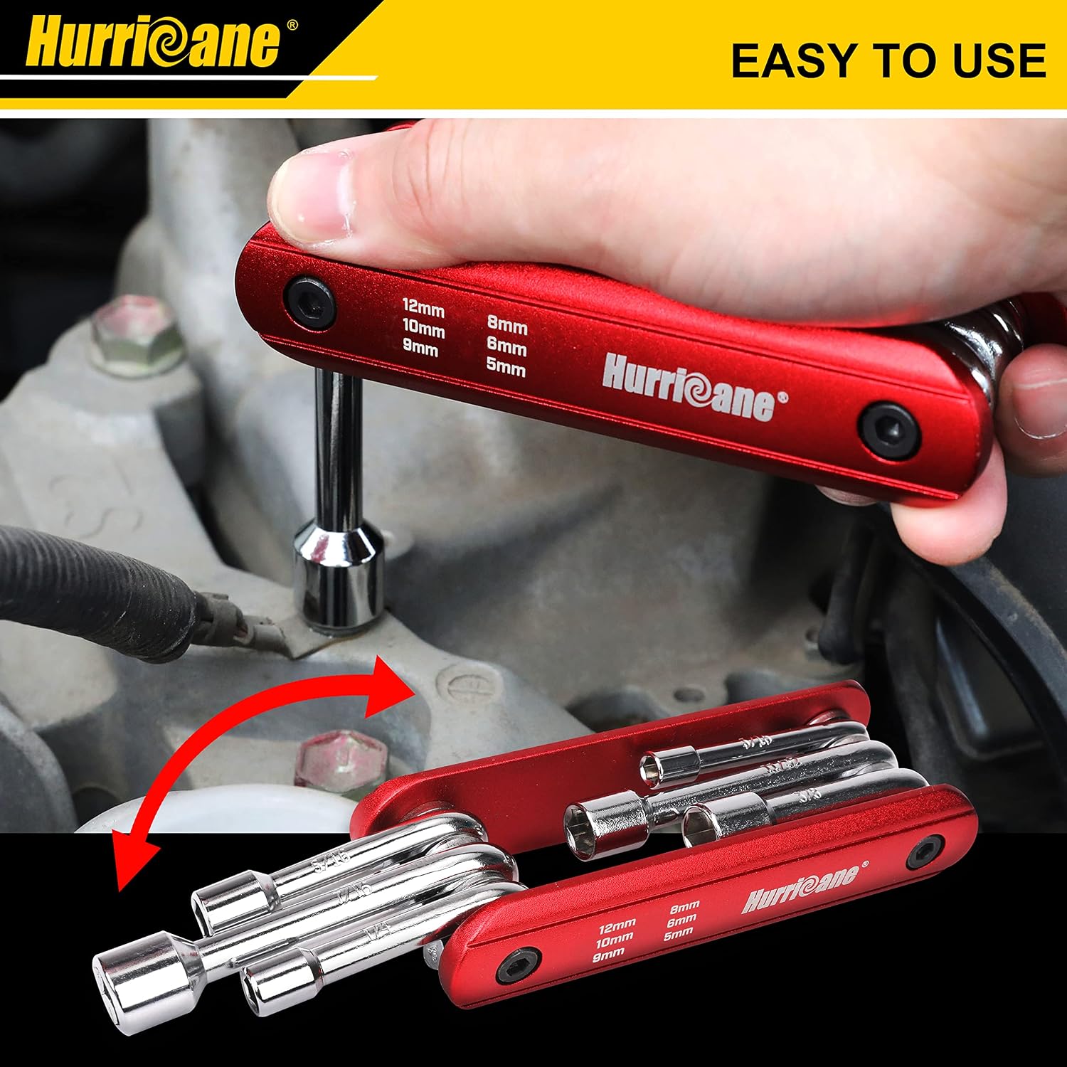 HURRICANE 6 in 1 Folding Nut Driver Set Metric, Hex Nut Driver Set, Folding Socket Wrench, Cr-V Steel Shank, Portable Premium Aluminum Handle. Easy to Carry Out. 5mm, 6mm, 8mm, 9mm, 10mm, 12mm
