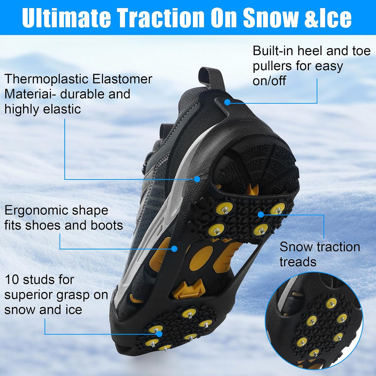 2 Pairs Ice Cleats Snow Traction Grips Crampons for Boot Ice Shoes 10 Studs