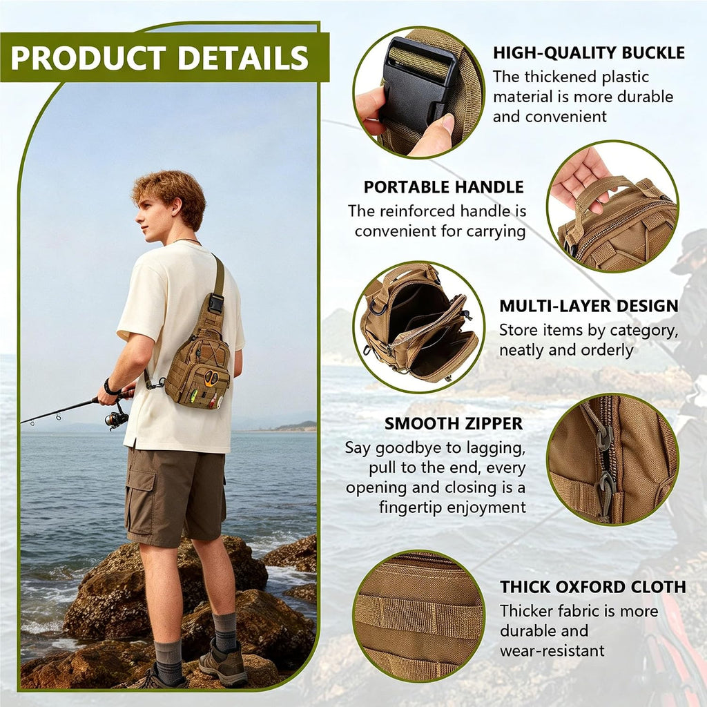 Fishing Backpack Small Fishing Tackle Storage Bag with 3 Methods of Carrying Large Capacity Sling Backpack for Outdoor Hiking Travel Hunting (Khaki)