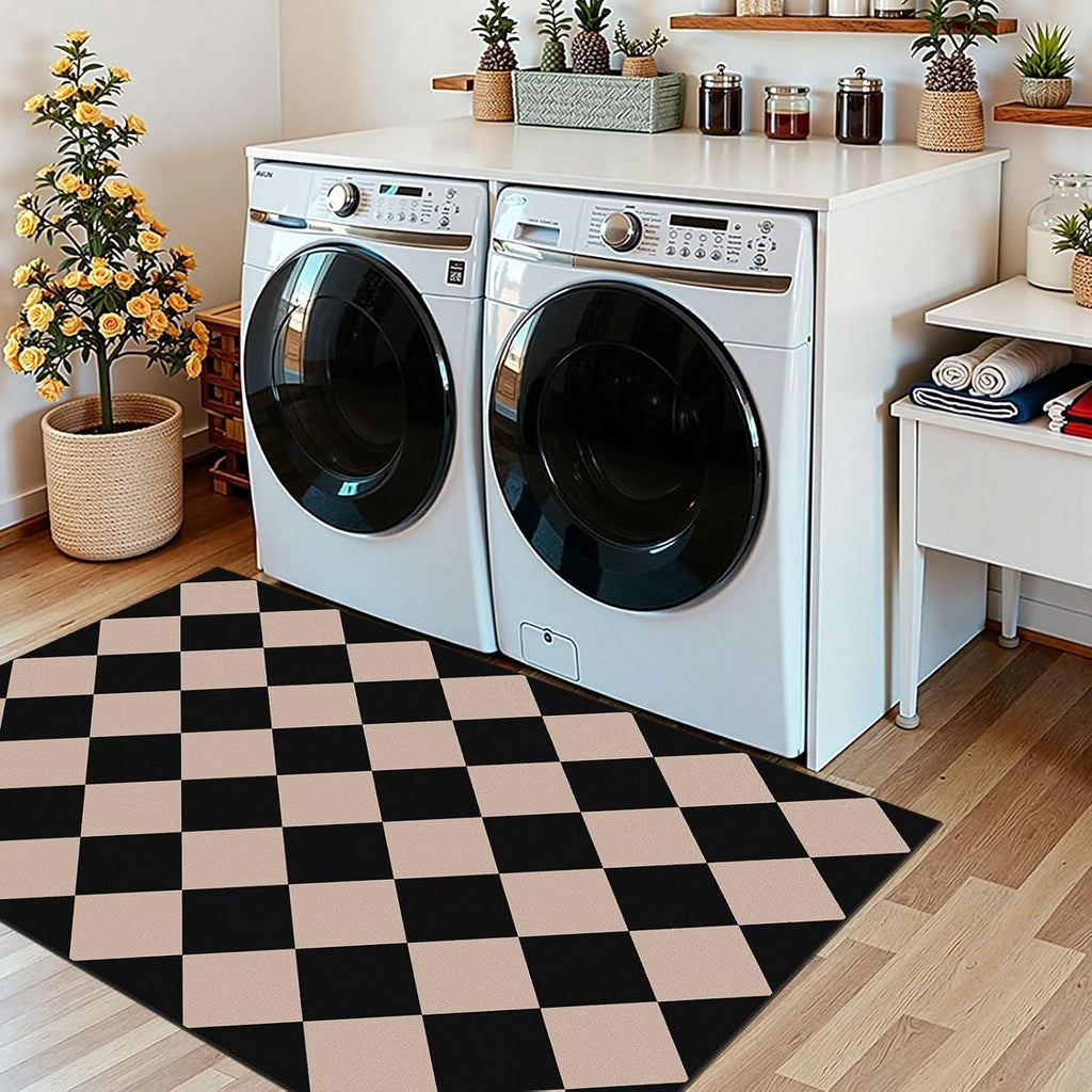 Black Tan Checkered Entry Rug - 3x5 Non-Slip Indoor Outdoor Rugs