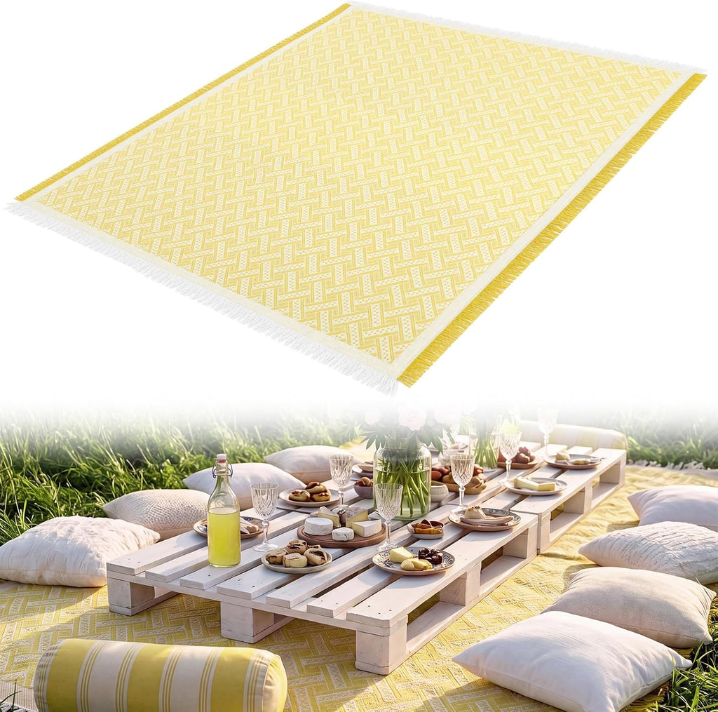 1 Pack White Coffee Extra Large Picnic Blanket, Outdoor Picnic Mat, Woven Boho Large Beach Blanket with Fringe for Park, Camping, Lawn or Wedding Photoshoot (71 x 91 Inches)