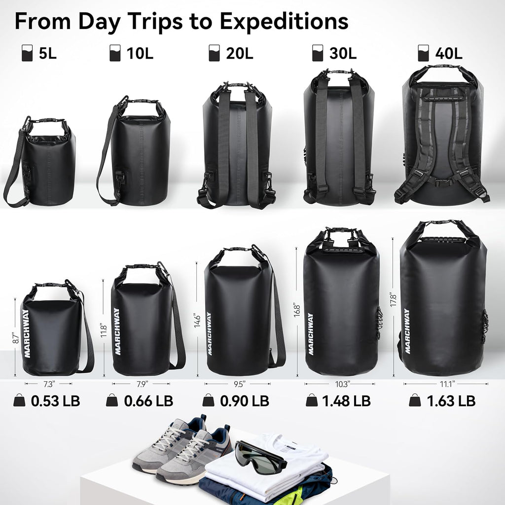 MARCHWAY Floating Waterproof Dry Bag Backpack 5L/10L/20L/30L/40L, Roll Top Sack Keeps Gear Dry for Kayaking, Rafting, Boating, Swimming, Camping, Hiking, Beach, Fishing
