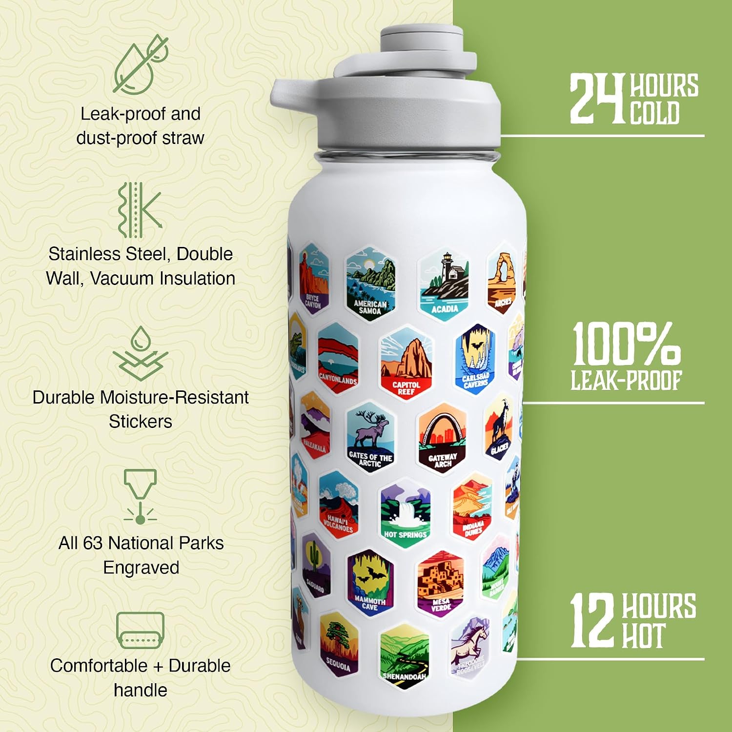 Trekking The National Parks Water Bottle with 63 Waterproof Stickers & 3 Lids (Straw, Spout, & Chug) | 32 Oz Insulated Wide Mouth Stainless Steel Bottle | BPA-Free and Leak-Proof - WHITE