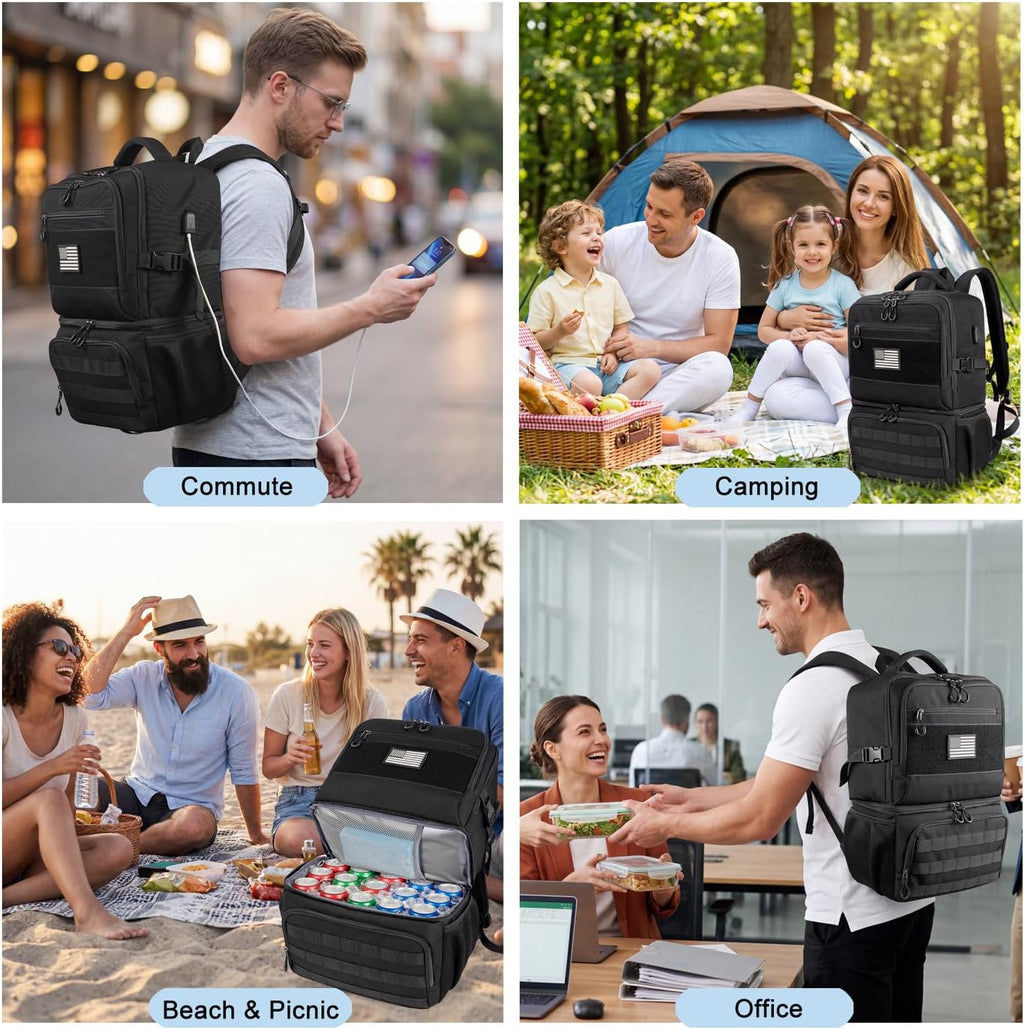 Tactical Double Deck Cooler Backpack 26L, Leak Proof Insulated Lunch Backpack with RFID Security USB Charging, Soft Cooler Bag for Men Work Camping Hiking Beach Picnic