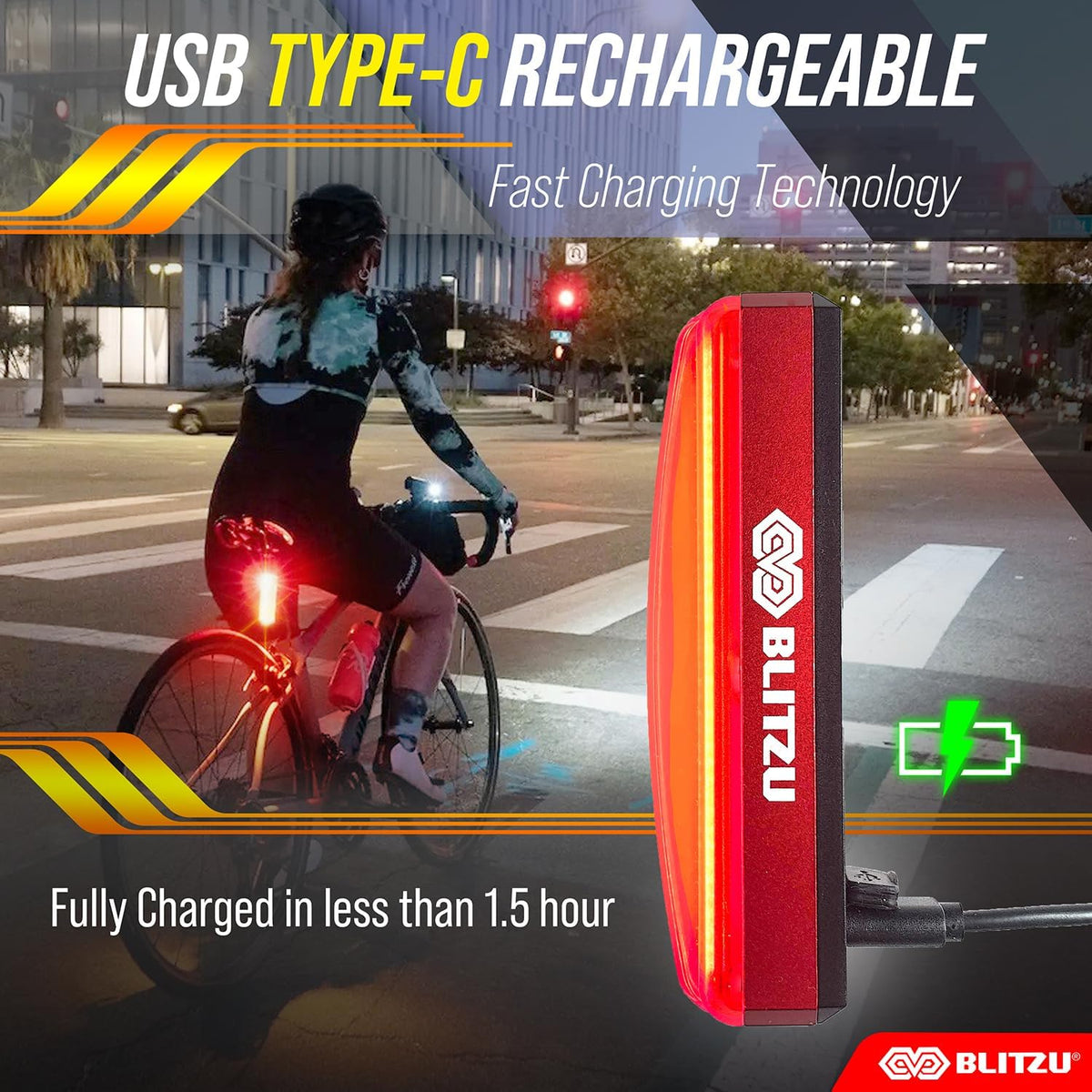 BLITZU Bike Front/Tail Light, Bright USB-C Rechargeable Bicycle Safety LED