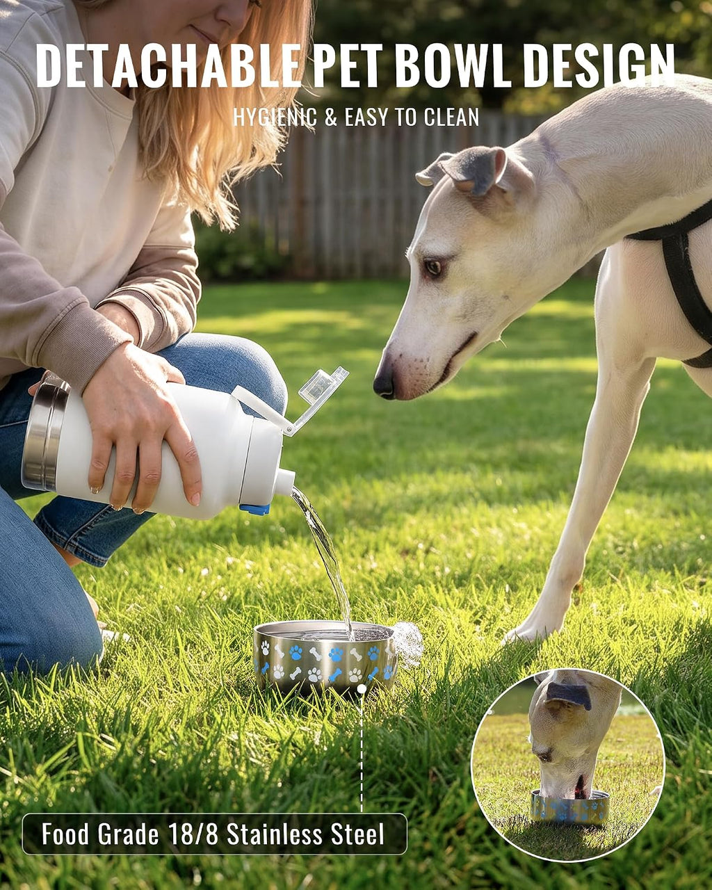 GiNT 37oz Insulated Stainless Steel Dog & Human Water Bottle, All-in-1 Travel Dispenser with Detachable Bowls & Carrying Case, Leak-Proof Pet Canteen for Walking, Hiking, Camping, Car (White)