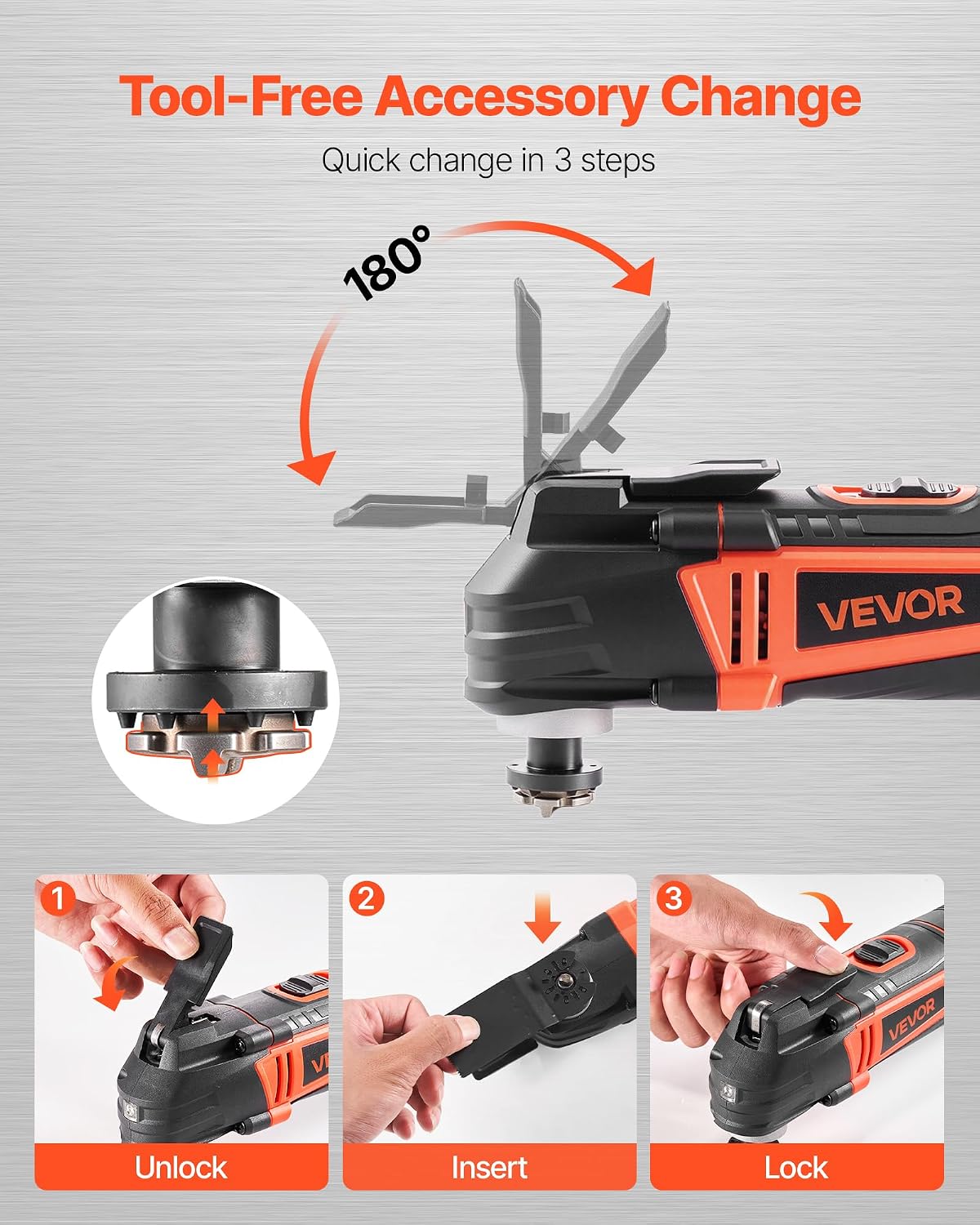 VEVOR Oscillating Tool Multitool, 4Amps Electric Oscillating Multi Tool Corded with 6 Variable Speeds 7000-19000 OPM, 3.2° Oscillating Angle, 13PCS Saw Accessories, LED Work Light & Tool Bag