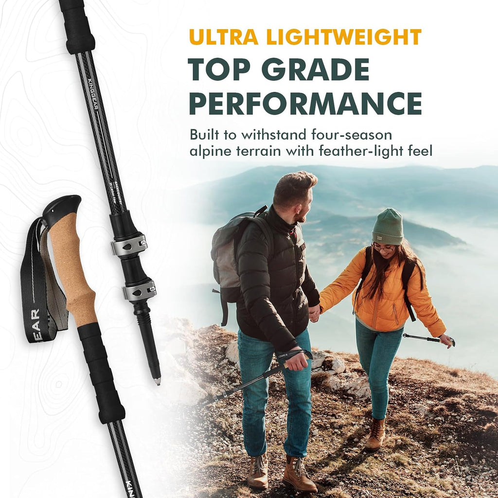Carbon Fiber Trekking Poles Cork EVA Grip Lightweight | 8.2oz, Telescopic 90-135cm, Metal flip Locks, for Hiking, with Snow/mud/Rubber Tips & Bag