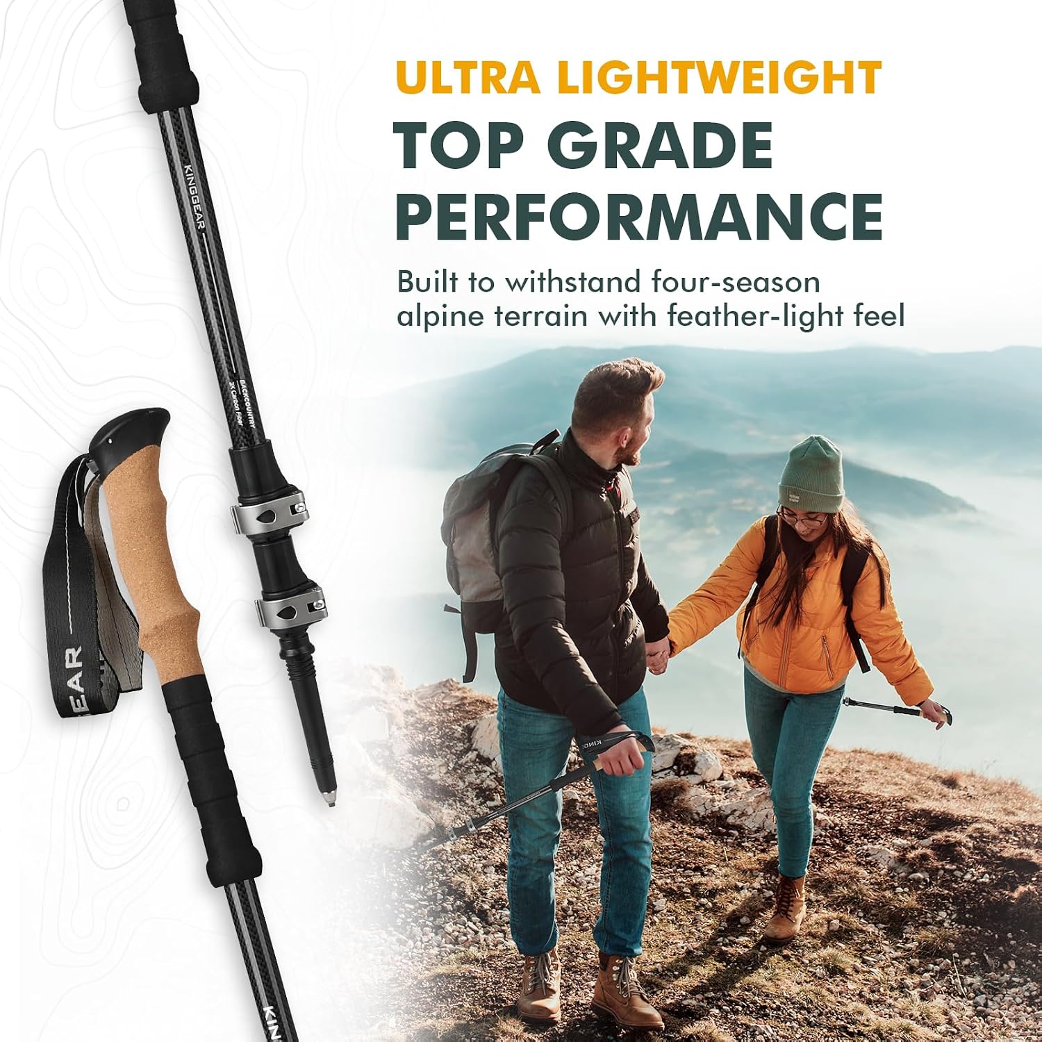 Carbon Fiber Trekking Poles Cork EVA Grip Lightweight | 8.2oz, Telescopic 90-135cm, Metal flip Locks, for Hiking, with Snow/mud/Rubber Tips & Bag
